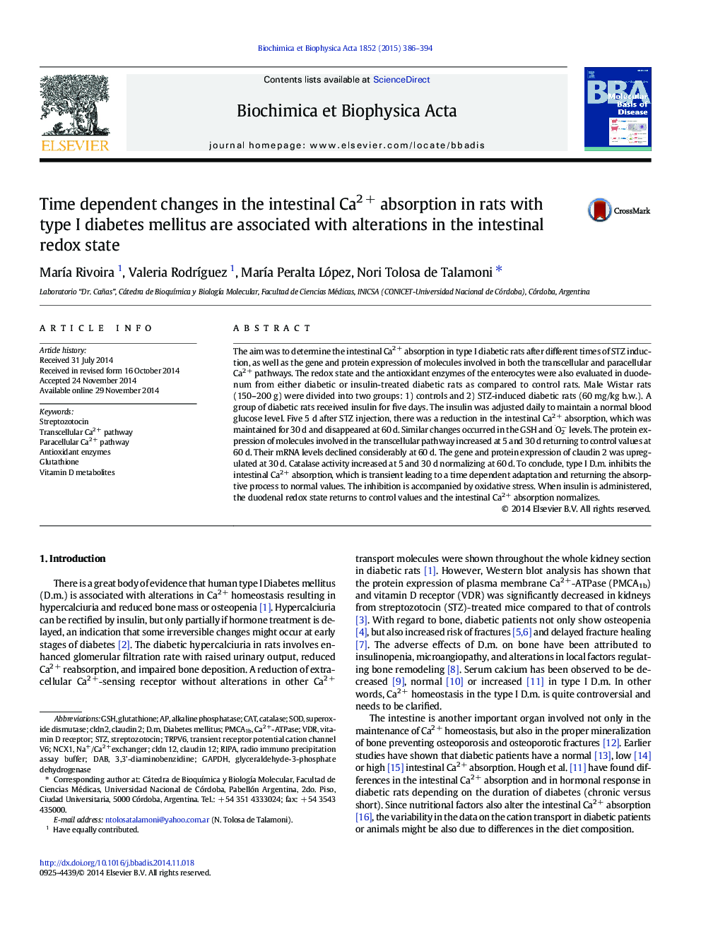 Time dependent changes in the intestinal Ca2 + absorption in rats with type I diabetes mellitus are associated with alterations in the intestinal redox state