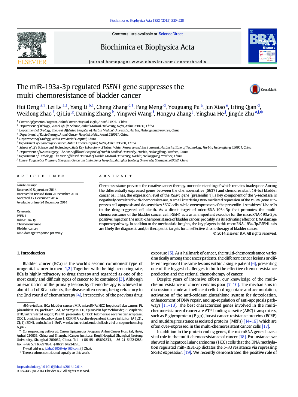 The miR-193a-3p regulated PSEN1 gene suppresses the multi-chemoresistance of bladder cancer