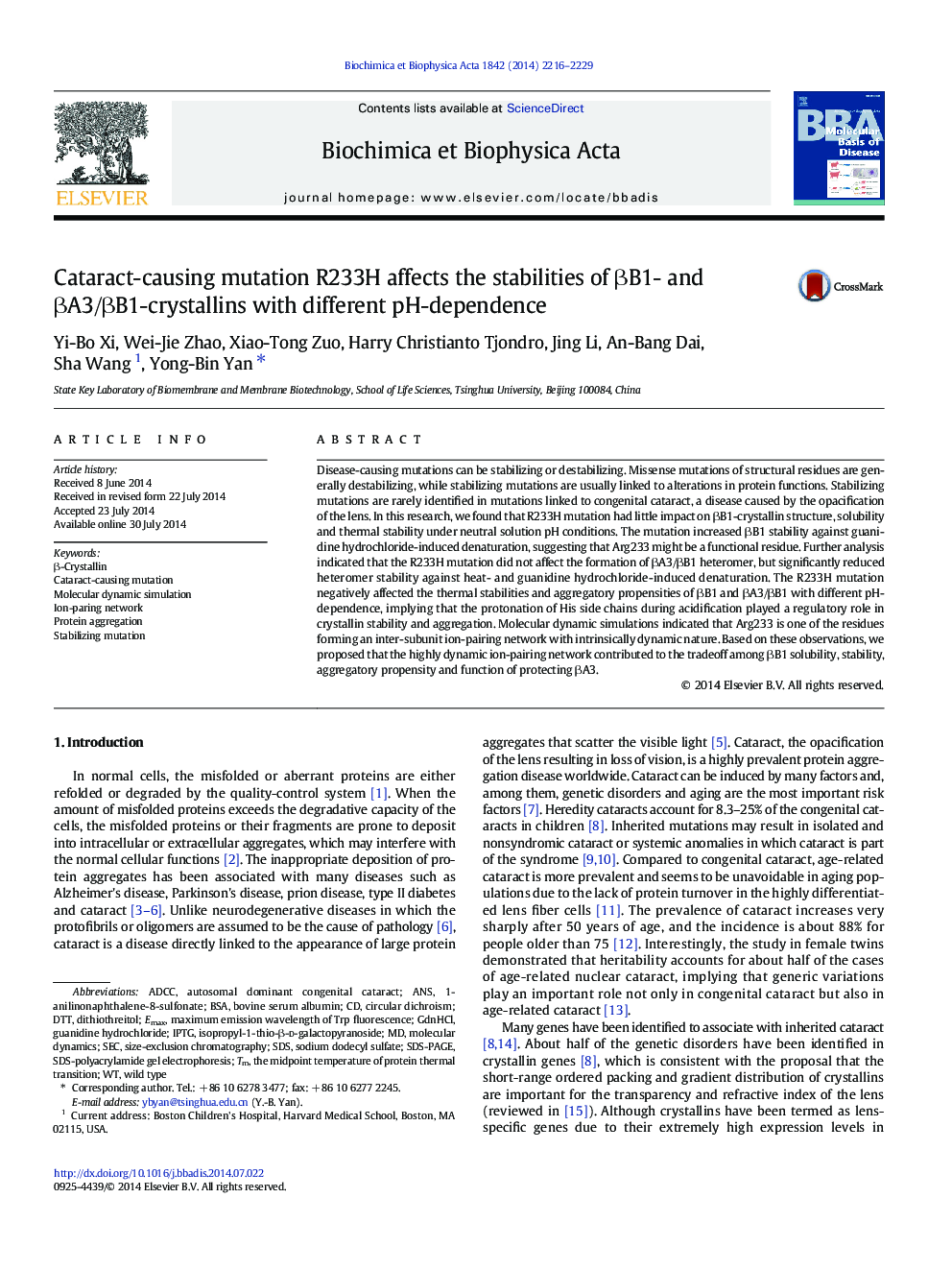 Cataract-causing mutation R233H affects the stabilities of βB1- and βA3/βB1-crystallins with different pH-dependence