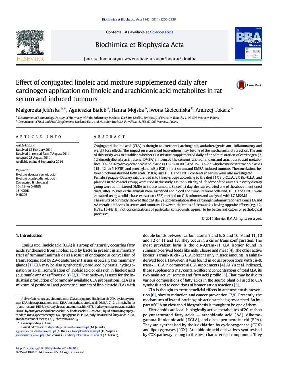 Effect of conjugated linoleic acid mixture supplemented daily after carcinogen application on linoleic and arachidonic acid metabolites in rat serum and induced tumours