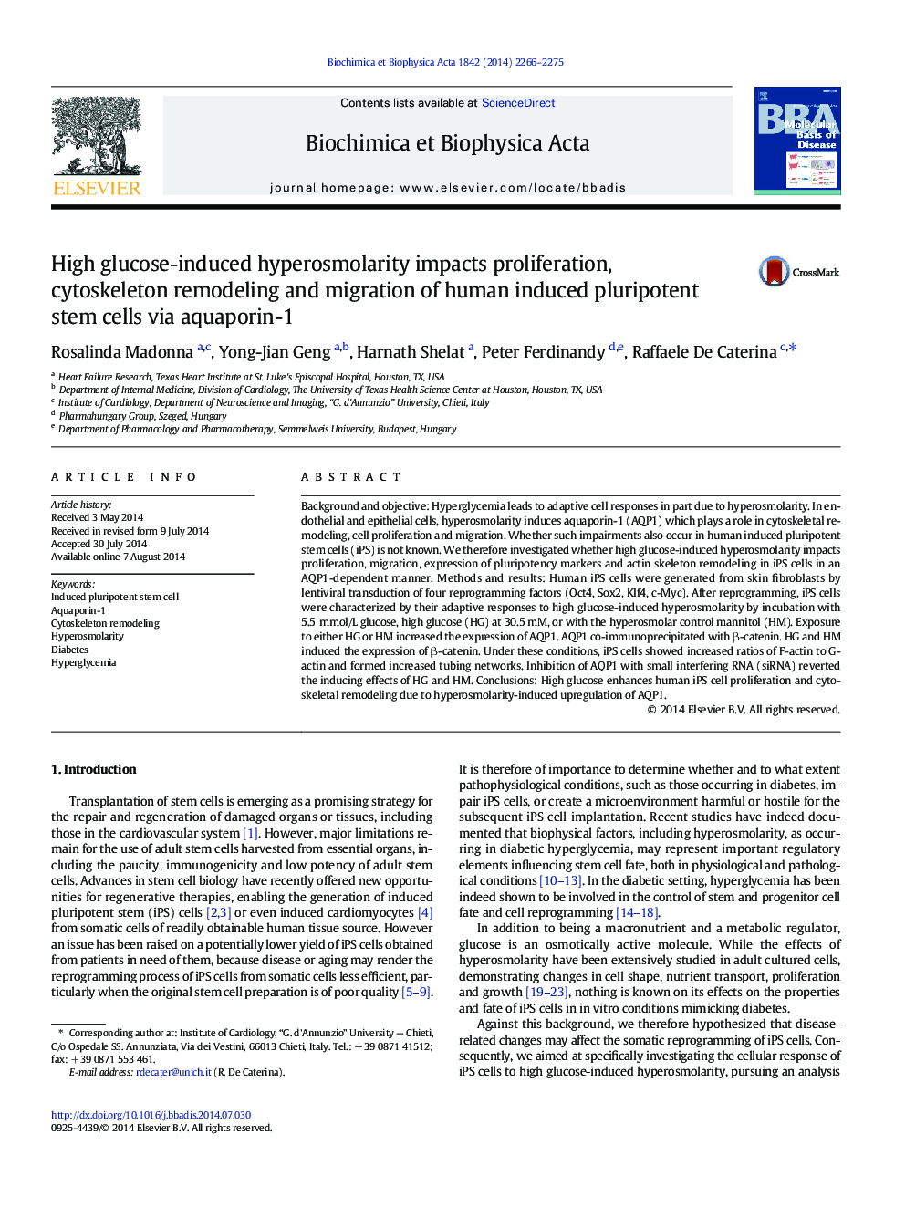 High glucose-induced hyperosmolarity impacts proliferation, cytoskeleton remodeling and migration of human induced pluripotent stem cells via aquaporin-1