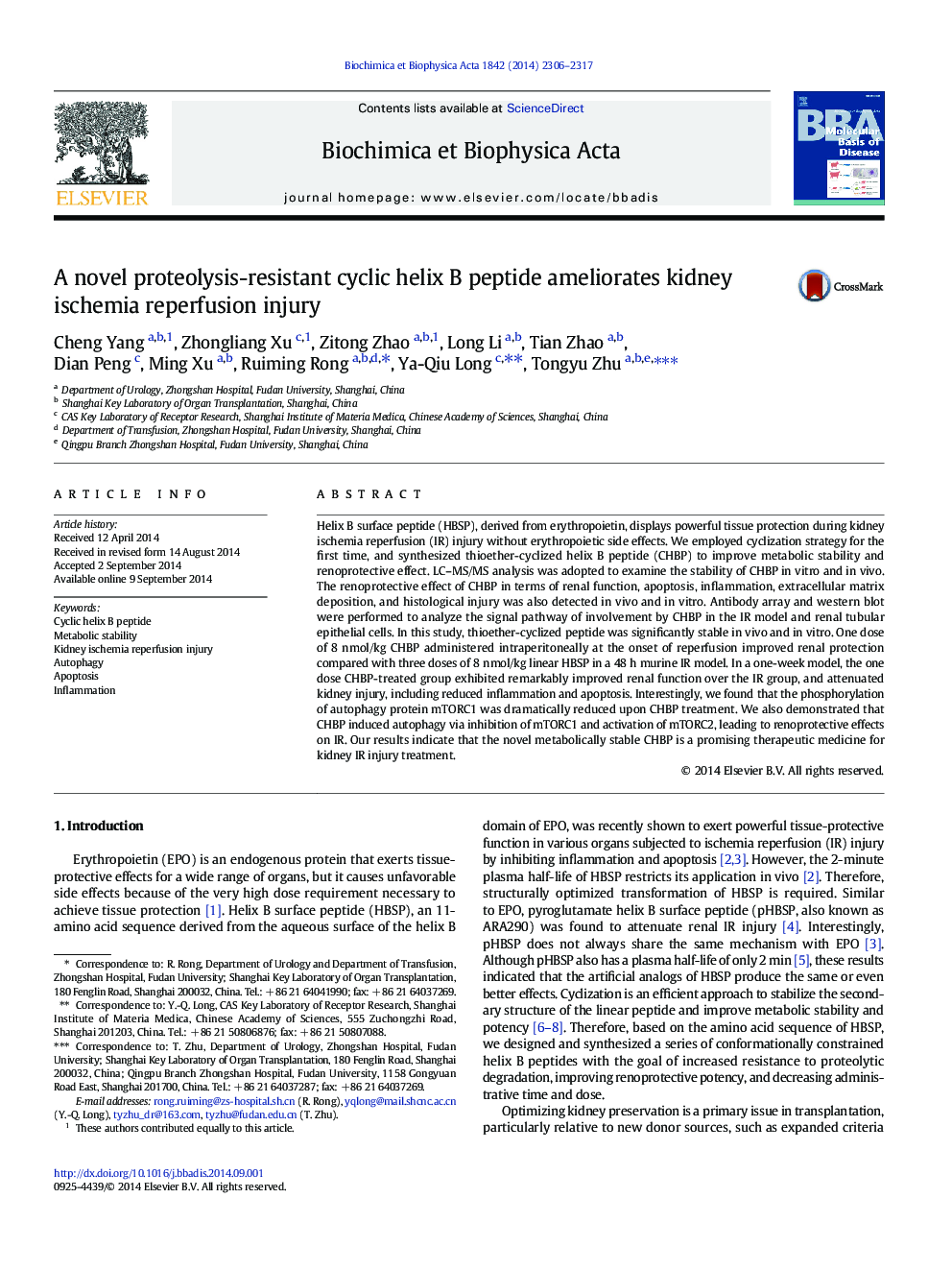 A novel proteolysis-resistant cyclic helix B peptide ameliorates kidney ischemia reperfusion injury