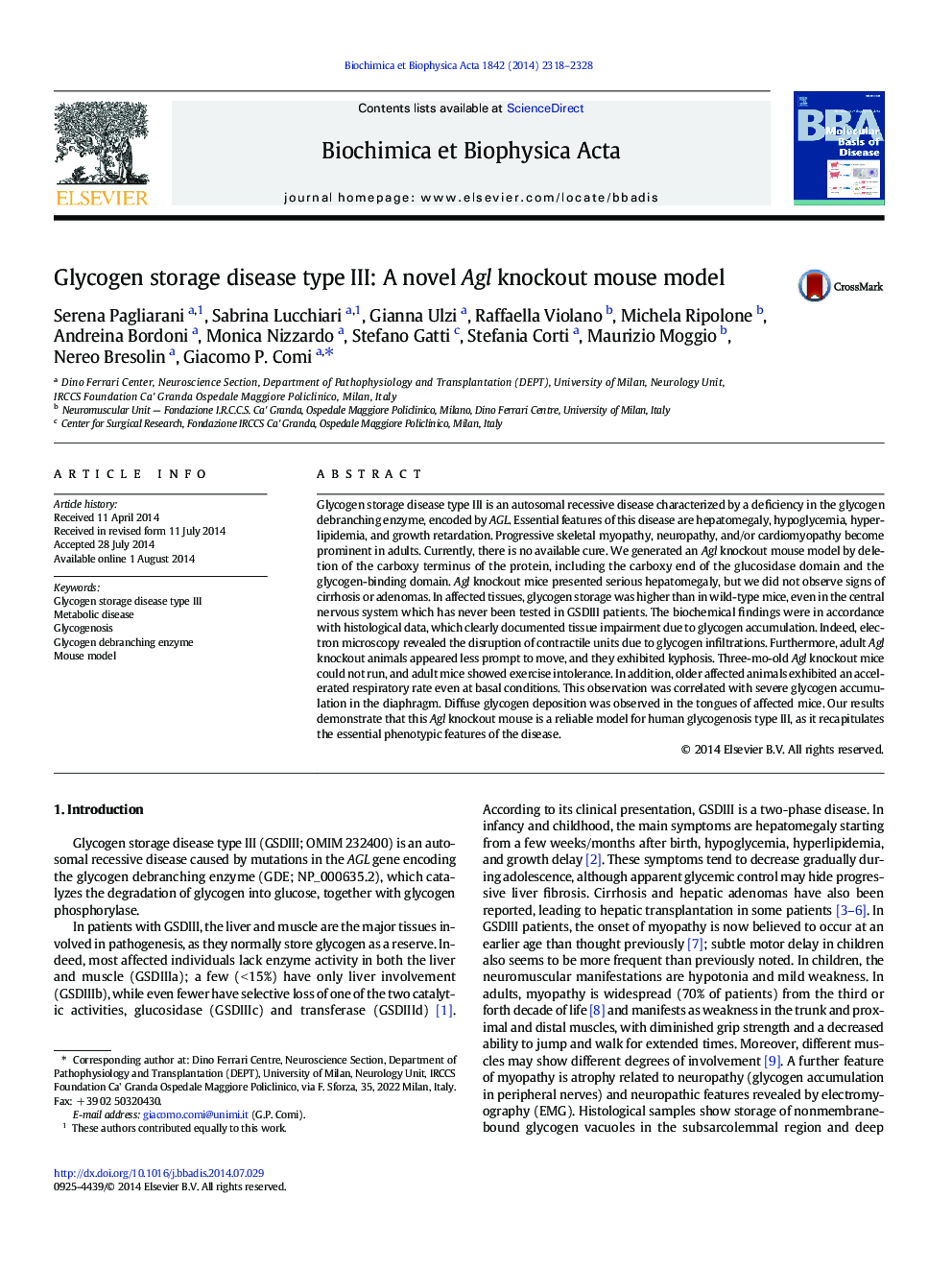 Glycogen storage disease type III: A novel Agl knockout mouse model