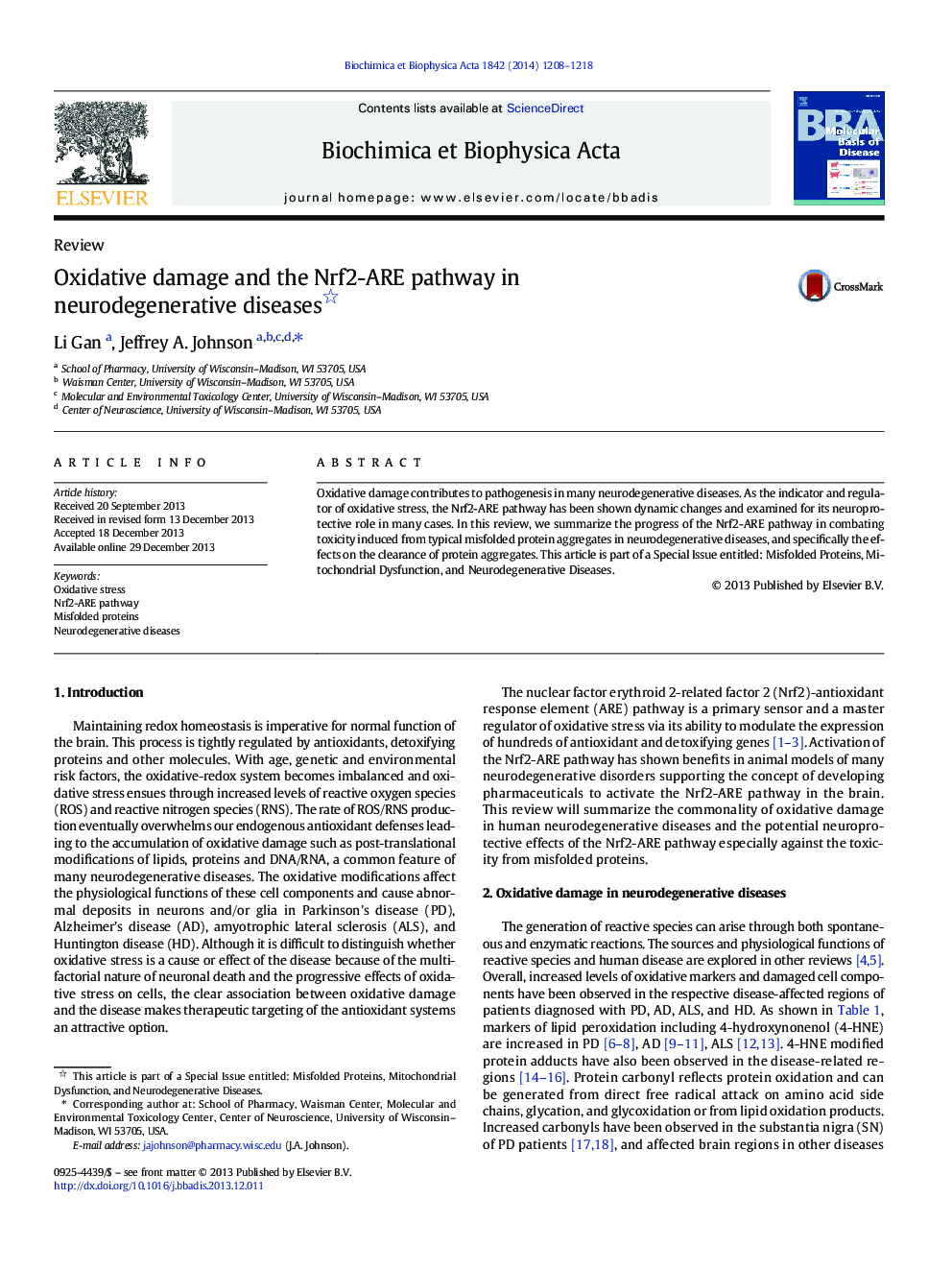 Oxidative damage and the Nrf2-ARE pathway in neurodegenerative diseases 