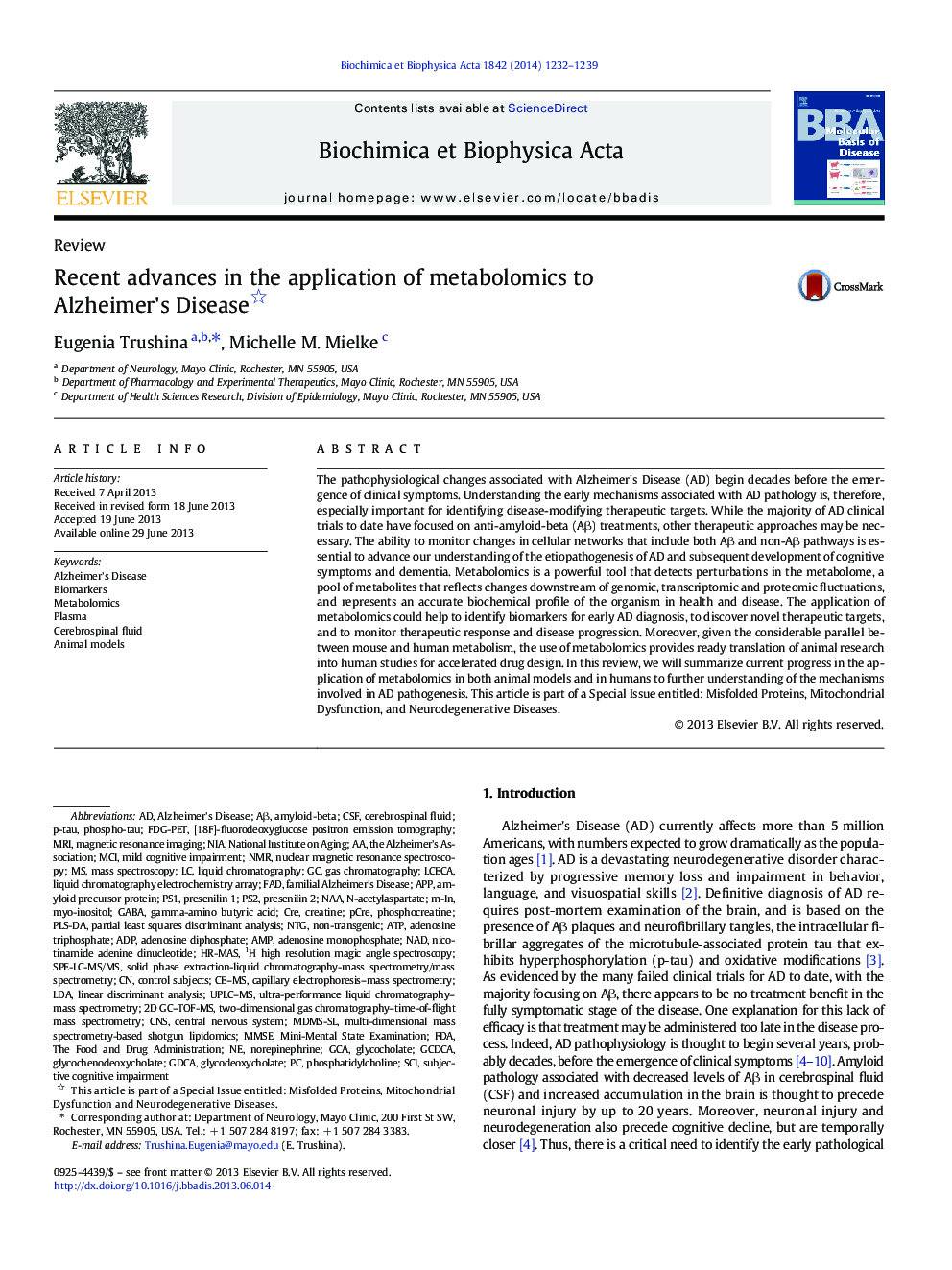 Recent advances in the application of metabolomics to Alzheimer's Disease 