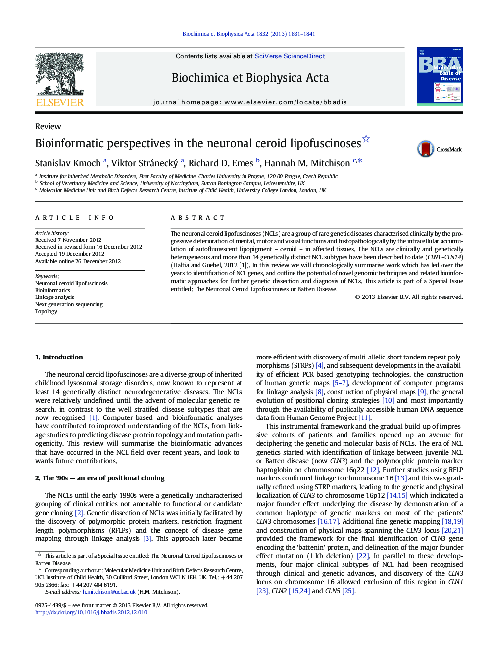 Bioinformatic perspectives in the neuronal ceroid lipofuscinoses 