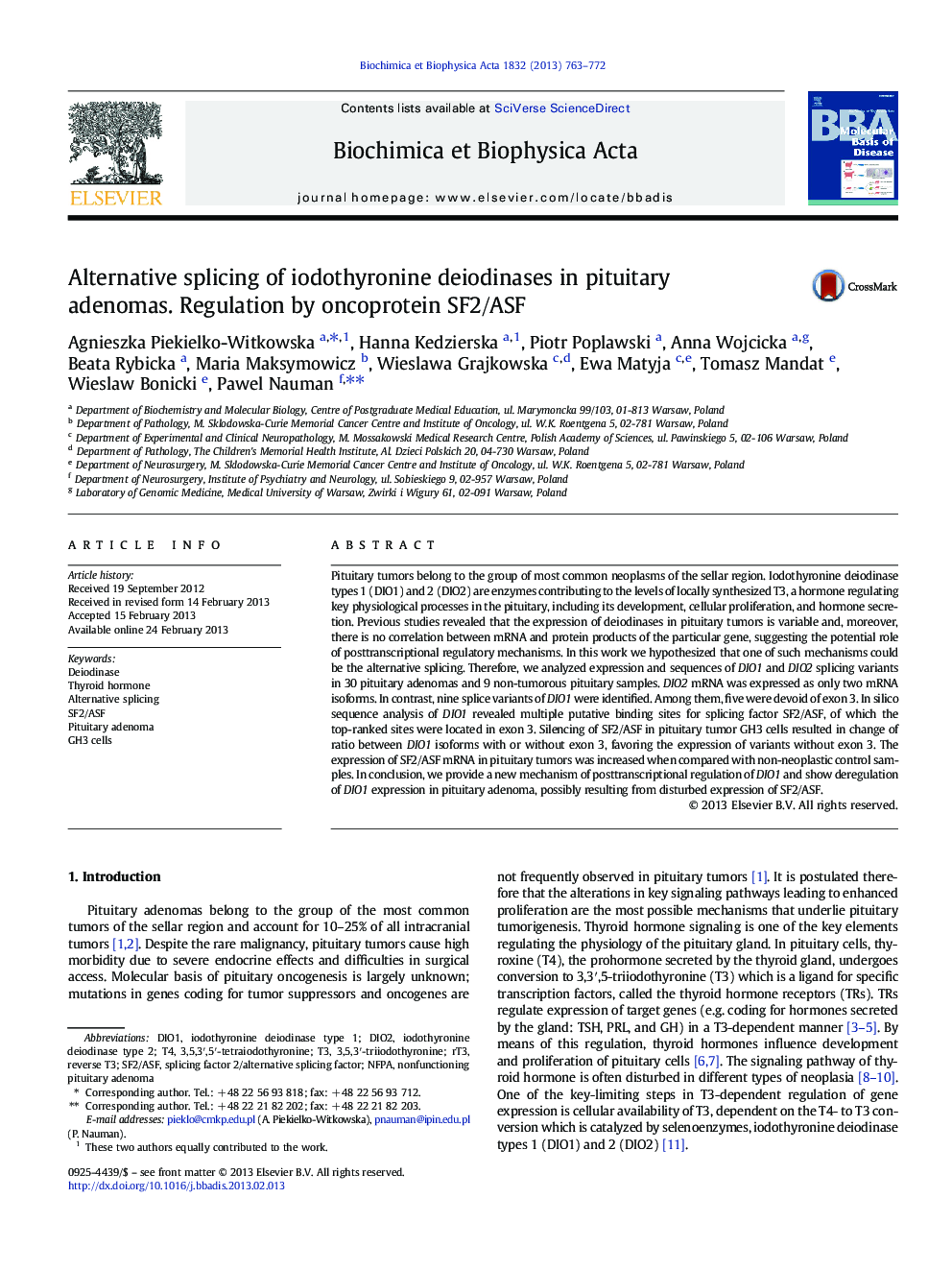 Alternative splicing of iodothyronine deiodinases in pituitary adenomas. Regulation by oncoprotein SF2/ASF