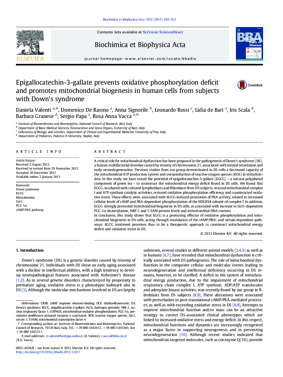 Epigallocatechin-3-gallate prevents oxidative phosphorylation deficit and promotes mitochondrial biogenesis in human cells from subjects with Down's syndrome