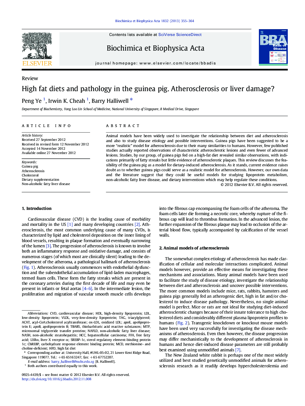 High fat diets and pathology in the guinea pig. Atherosclerosis or liver damage?