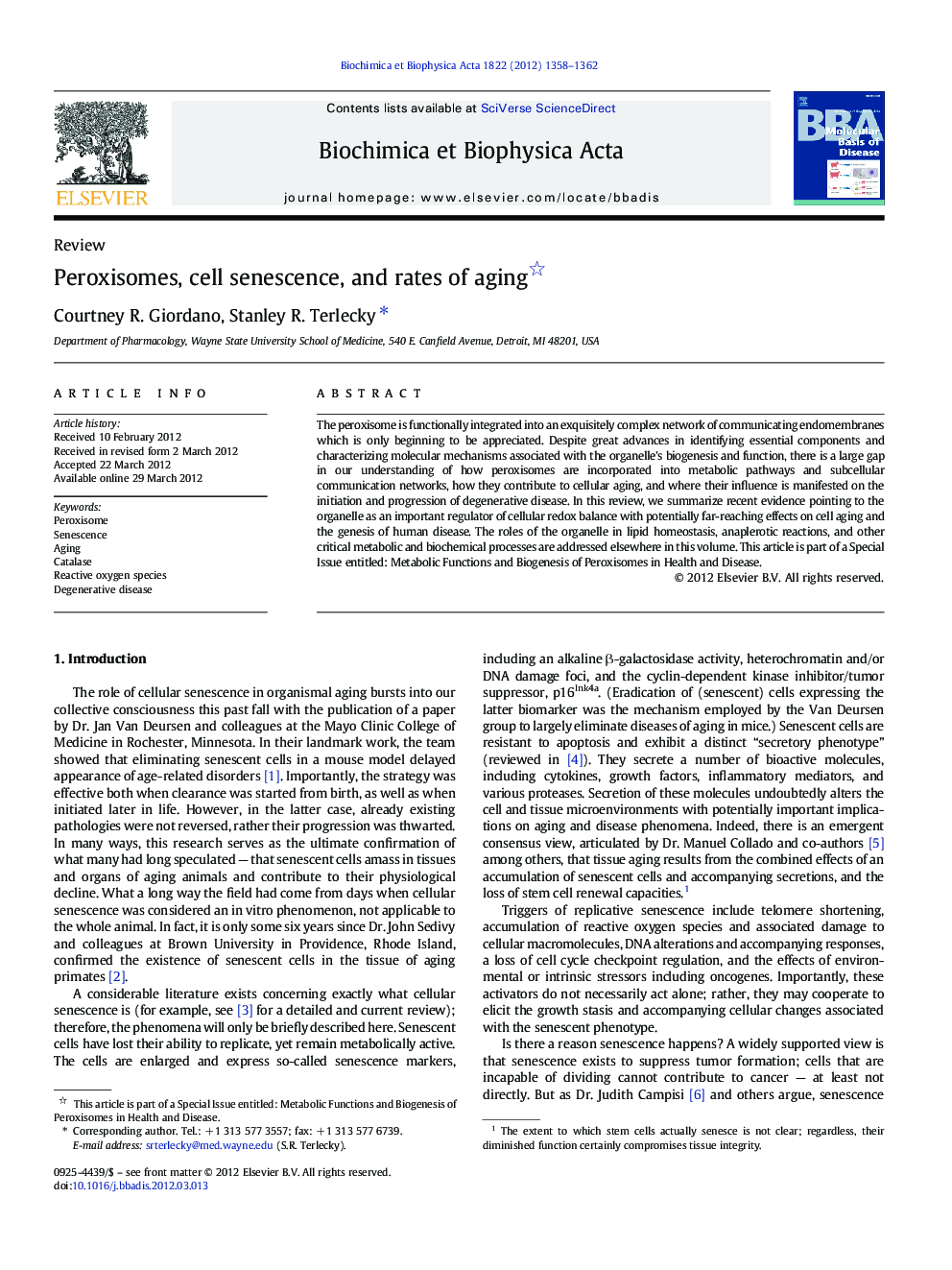 Peroxisomes, cell senescence, and rates of aging 