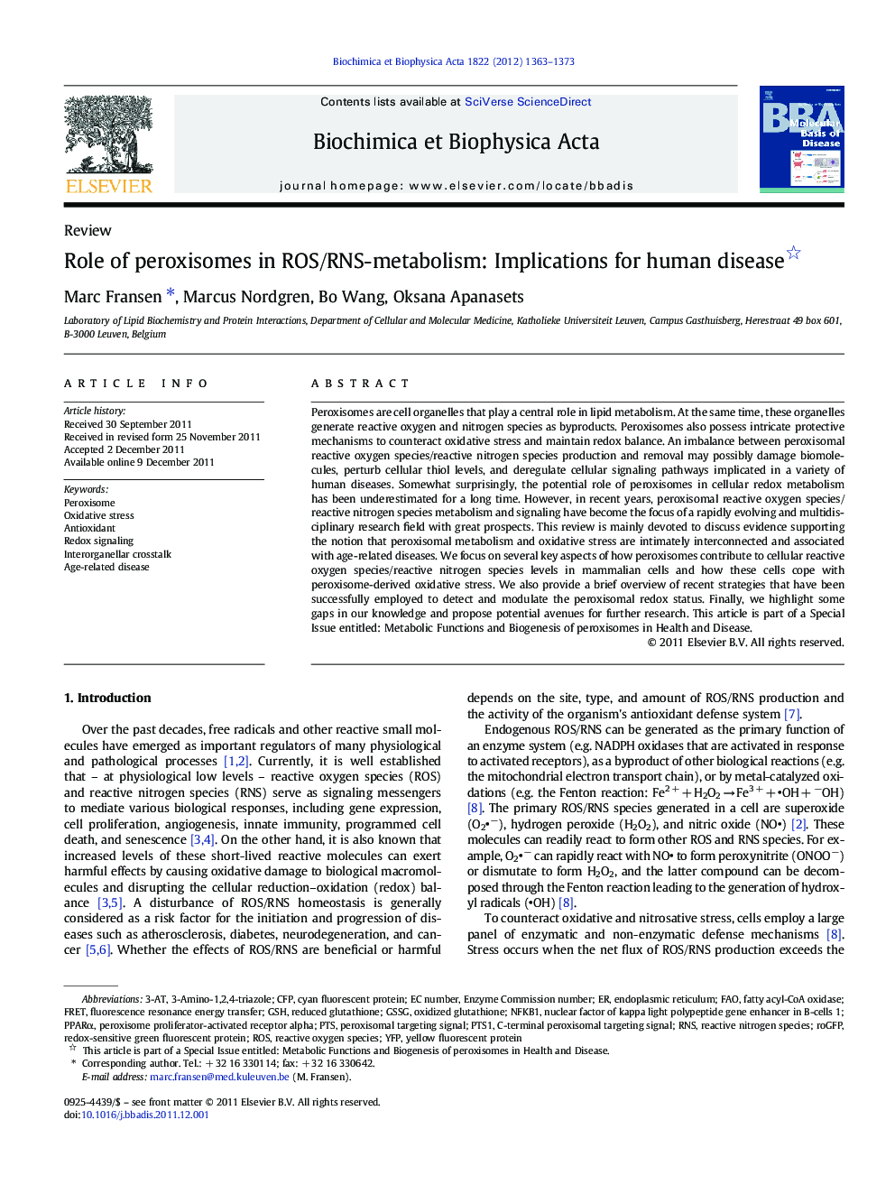 Role of peroxisomes in ROS/RNS-metabolism: Implications for human disease 