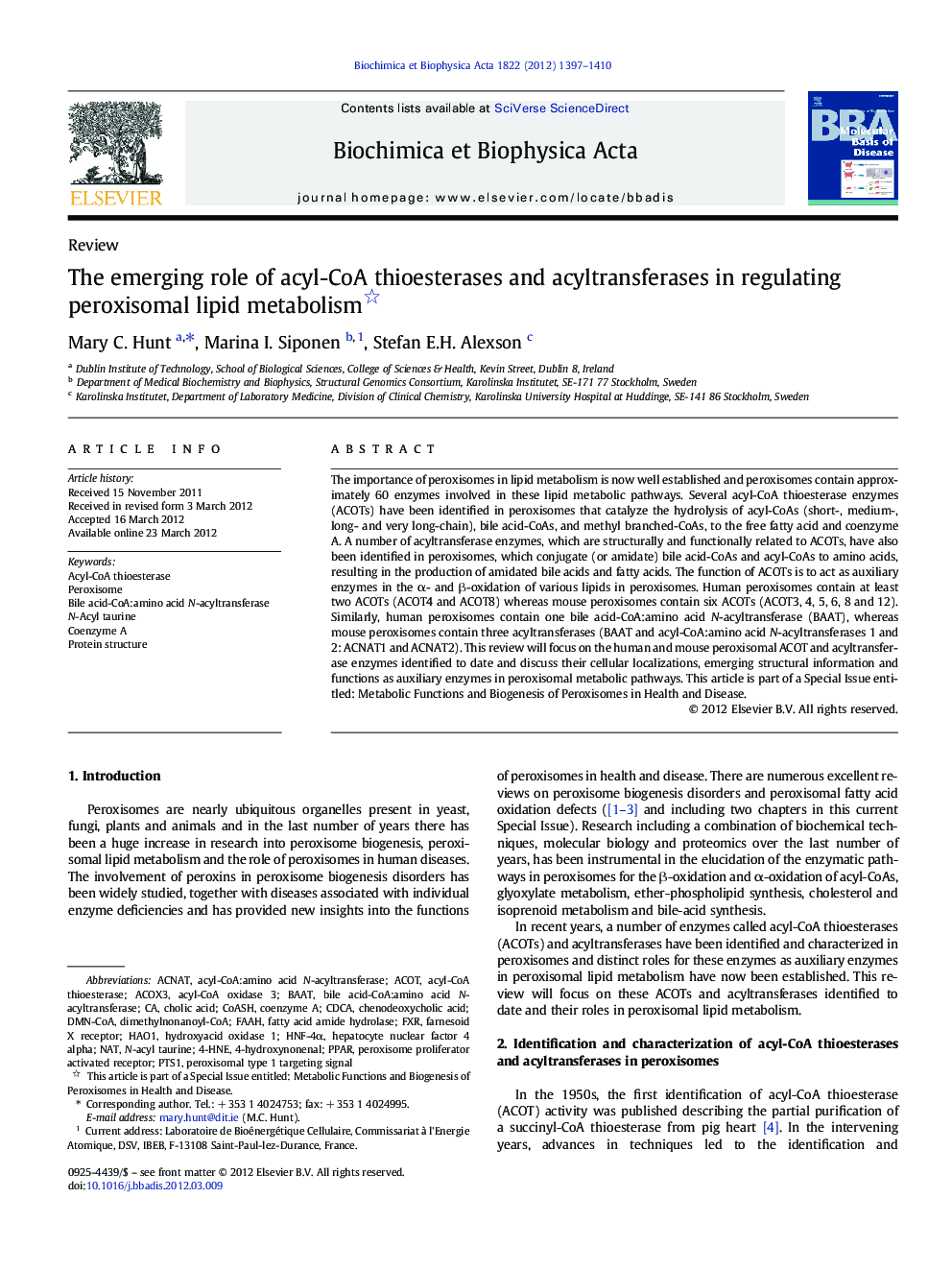 The emerging role of acyl-CoA thioesterases and acyltransferases in regulating peroxisomal lipid metabolism