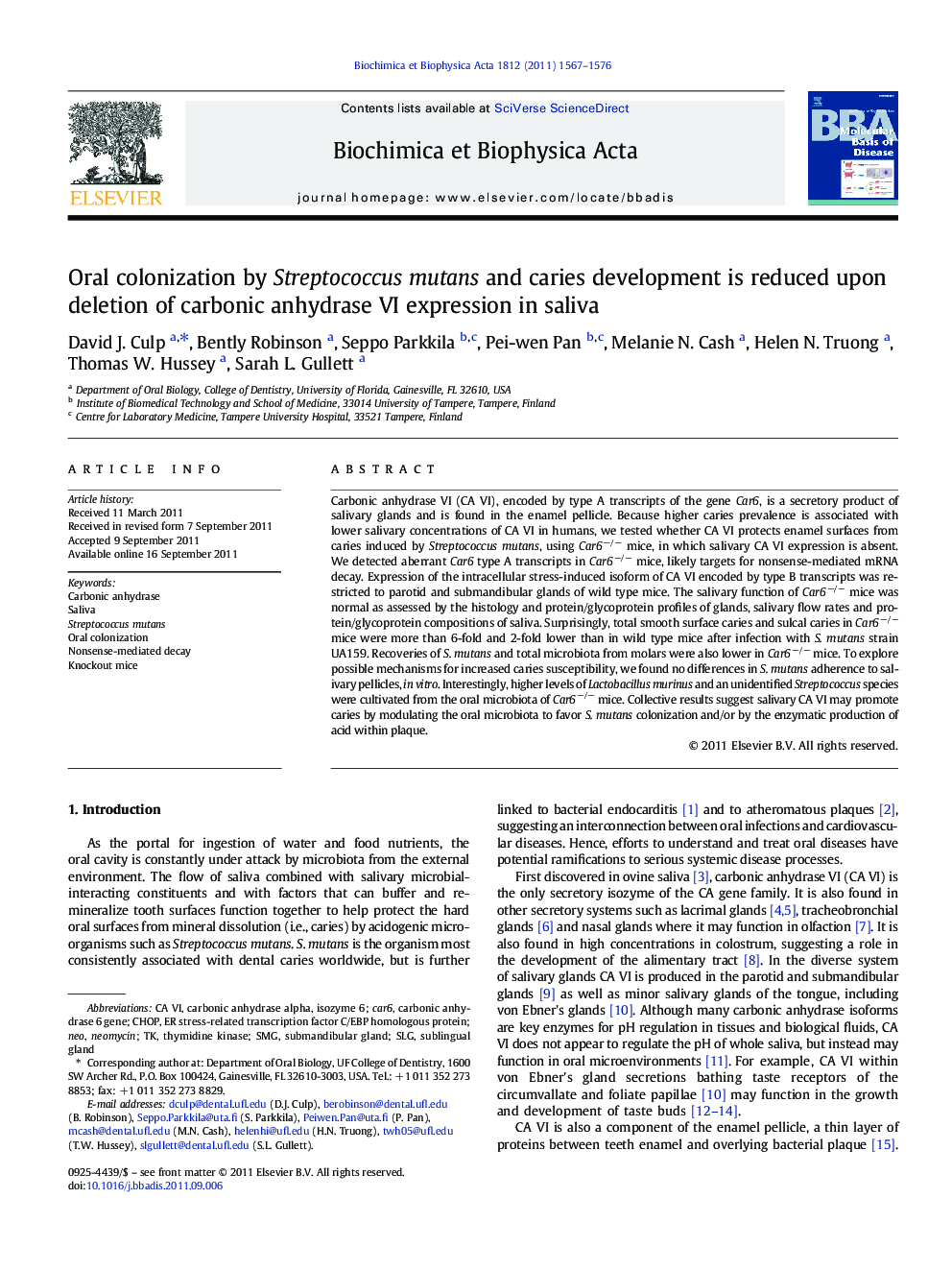 عکس صفحه اول مقاله: Oral colonization by Streptococcus mutans and caries development is reduced upon deletion of carbonic anhydrase VI expression in saliva Oral colonization by Streptococcus mutans and caries development is reduced upon deletion of carbonic anhydrase VI expression in saliva