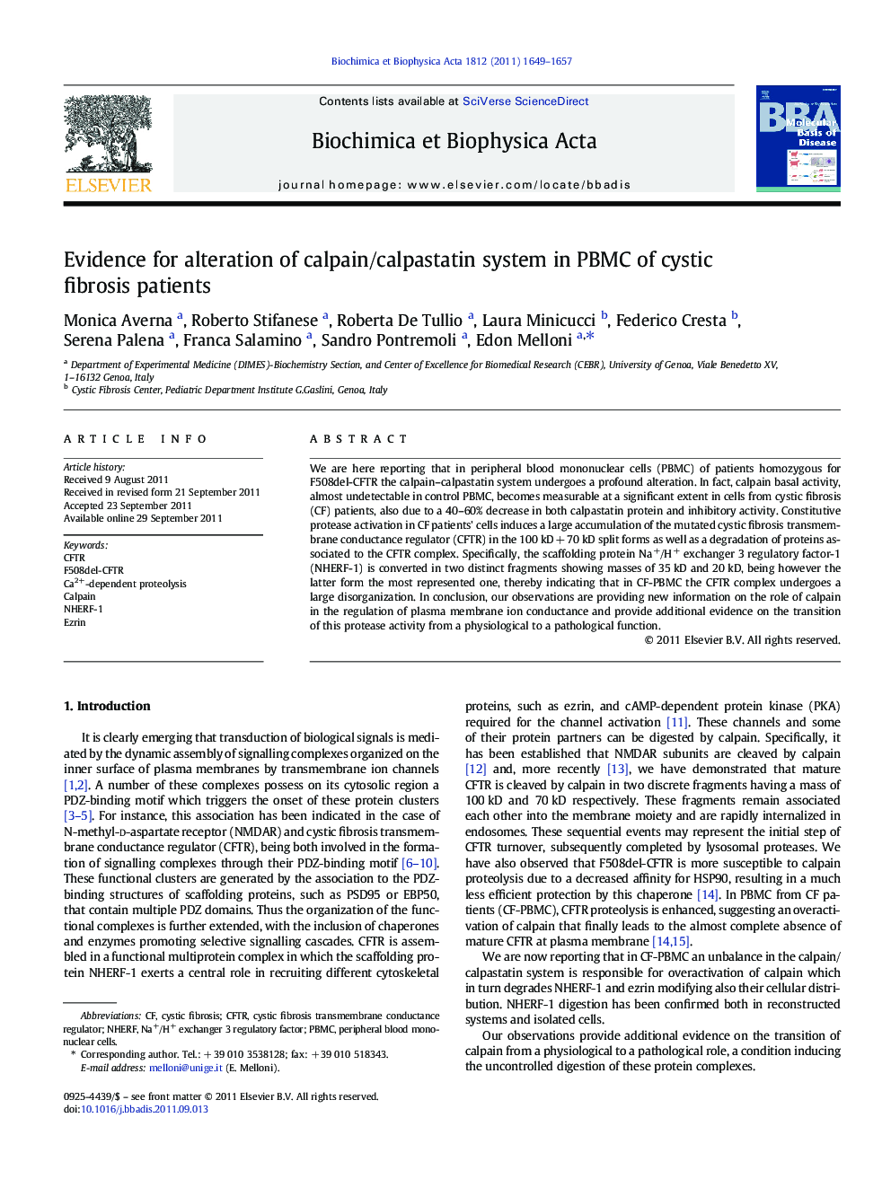 Evidence for alteration of calpain/calpastatin system in PBMC of cystic fibrosis patients