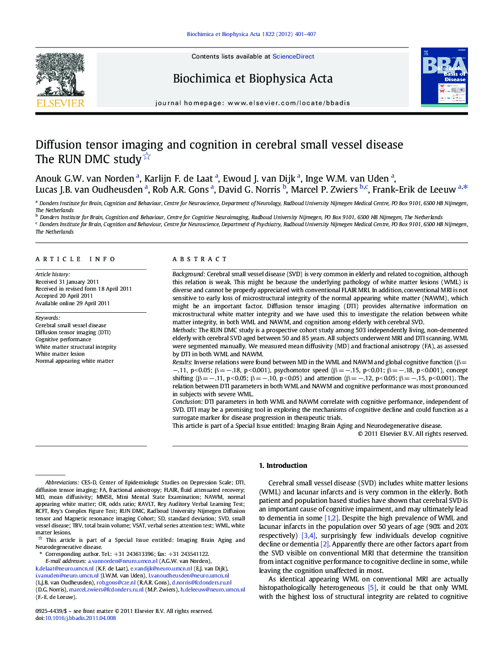 Diffusion tensor imaging and cognition in cerebral small vessel disease : The RUN DMC study