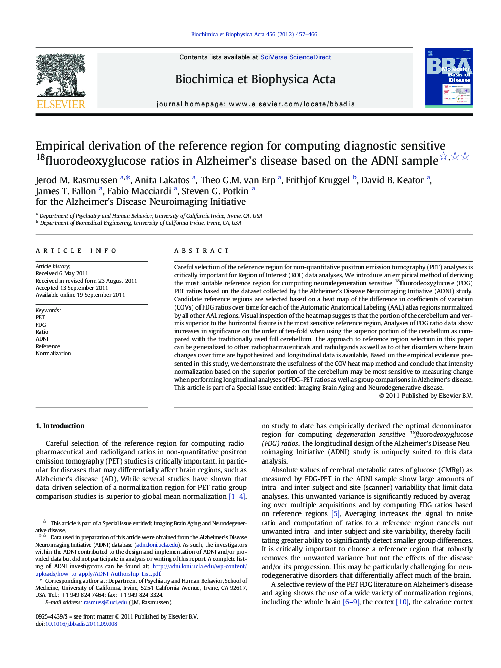 Empirical derivation of the reference region for computing diagnostic sensitive 18fluorodeoxyglucose ratios in Alzheimer's disease based on the ADNI sample 