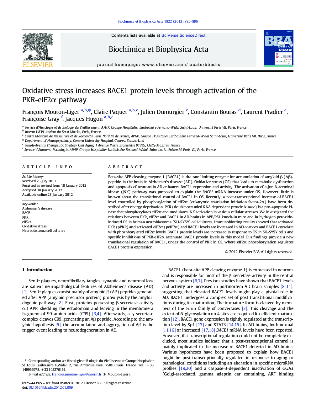 Oxidative stress increases BACE1 protein levels through activation of the PKR-eIF2α pathway