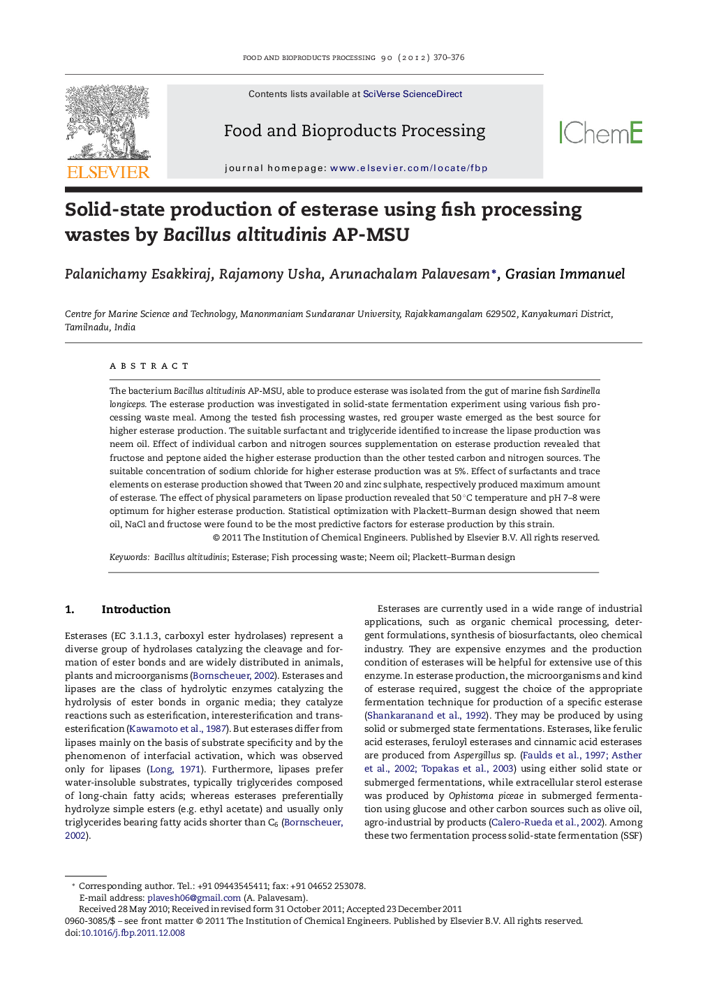 Solid-state production of esterase using fish processing wastes by Bacillus altitudinis AP-MSU