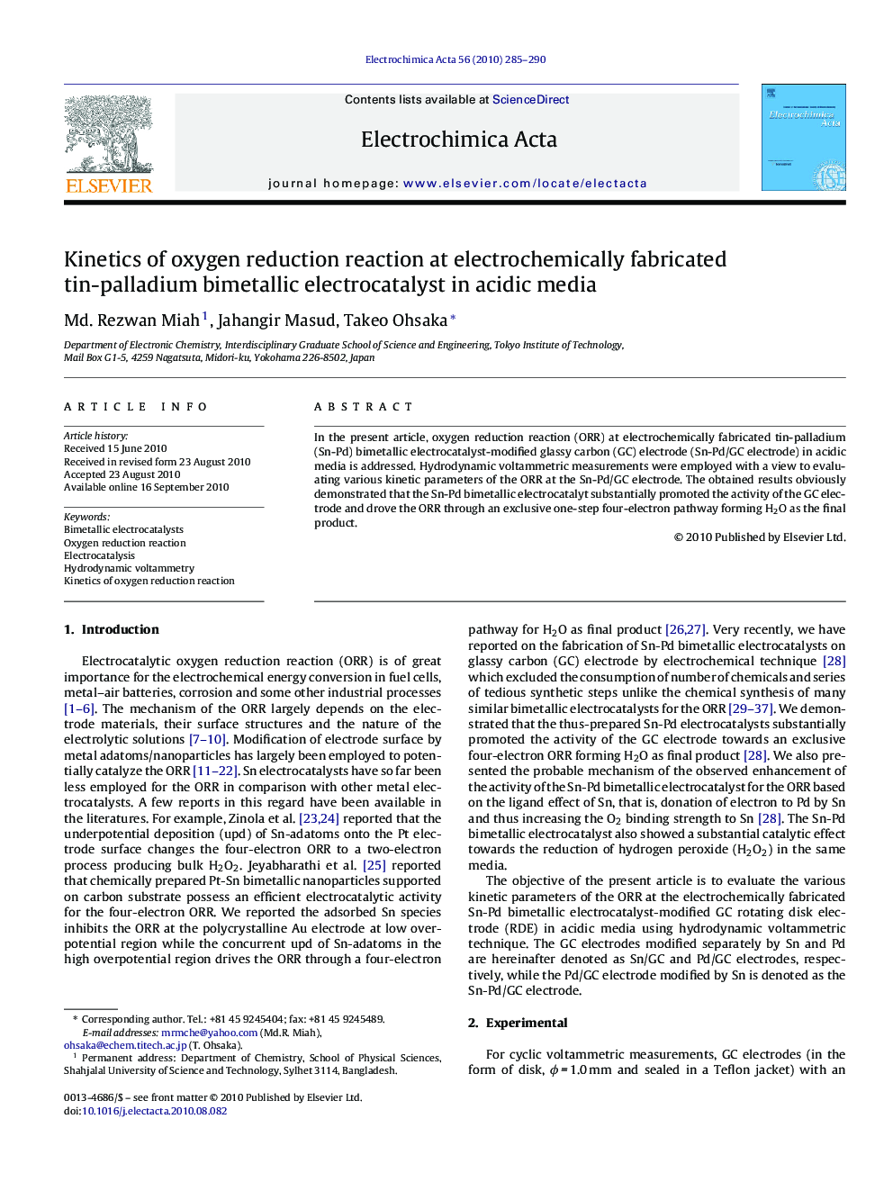 Kinetics of oxygen reduction reaction at electrochemically fabricated tin-palladium bimetallic electrocatalyst in acidic media