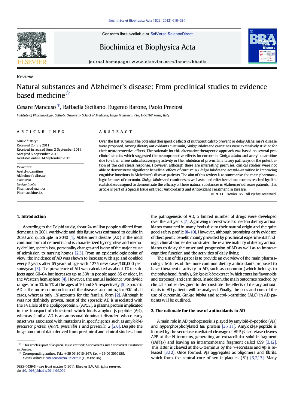 Natural substances and Alzheimer's disease: From preclinical studies to evidence based medicine 