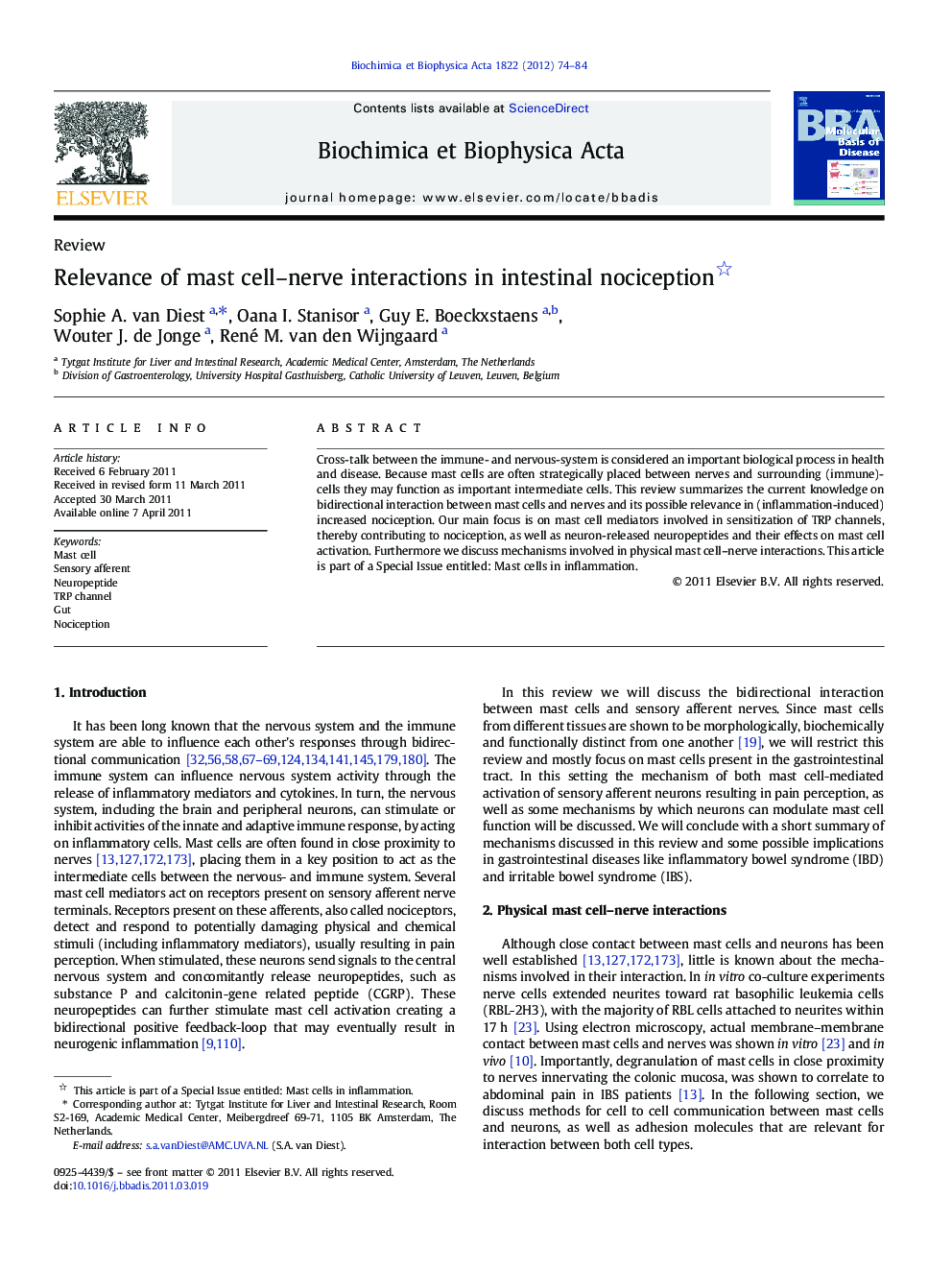 Relevance of mast cell–nerve interactions in intestinal nociception 