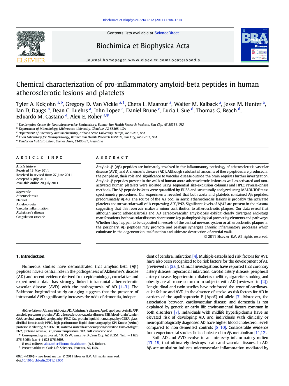 Chemical characterization of pro-inflammatory amyloid-beta peptides in human atherosclerotic lesions and platelets