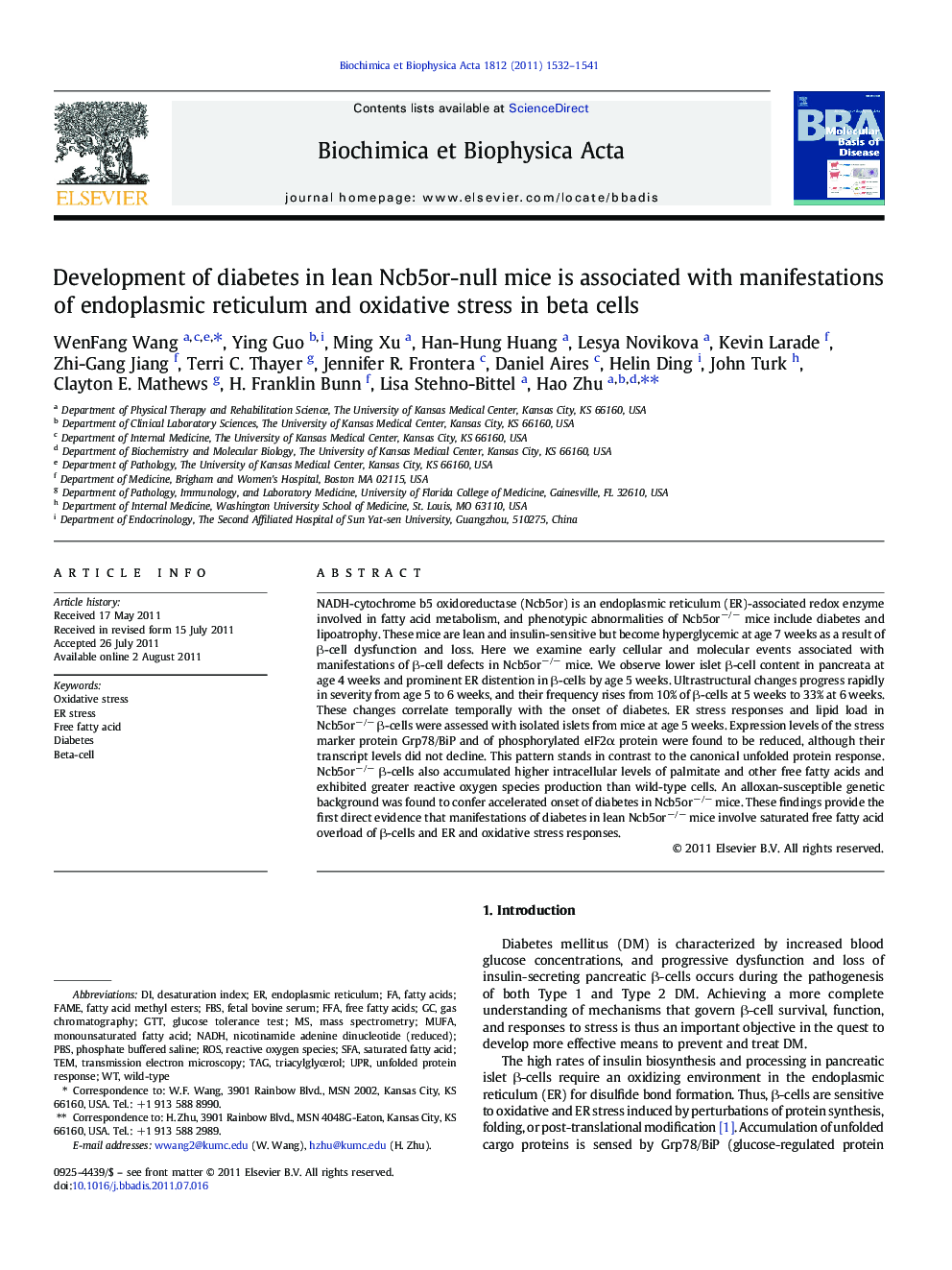 Development of diabetes in lean Ncb5or-null mice is associated with manifestations of endoplasmic reticulum and oxidative stress in beta cells