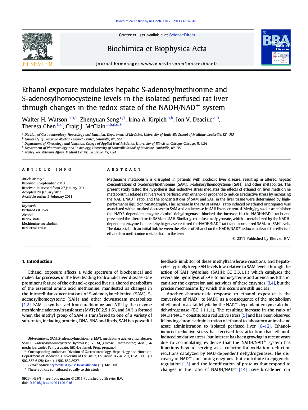 Ethanol exposure modulates hepatic S-adenosylmethionine and S-adenosylhomocysteine levels in the isolated perfused rat liver through changes in the redox state of the NADH/NAD+ system