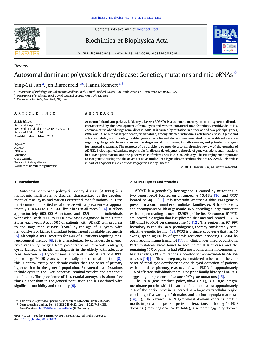 Autosomal dominant polycystic kidney disease: Genetics, mutations and microRNAs 