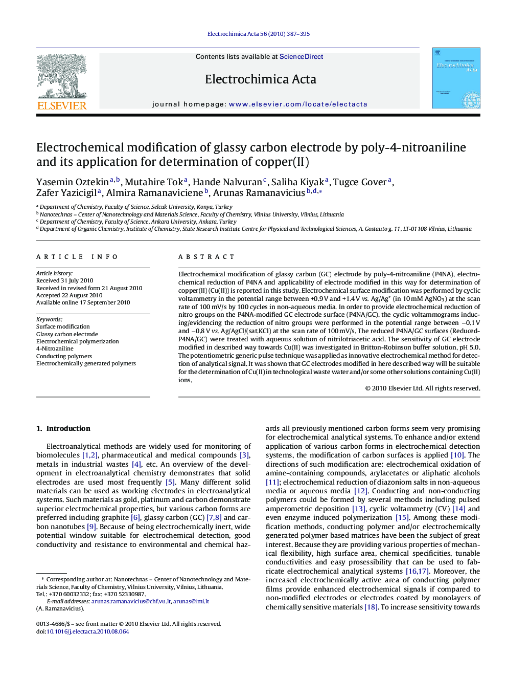 Electrochemical modification of glassy carbon electrode by poly-4-nitroaniline and its application for determination of copper(II)