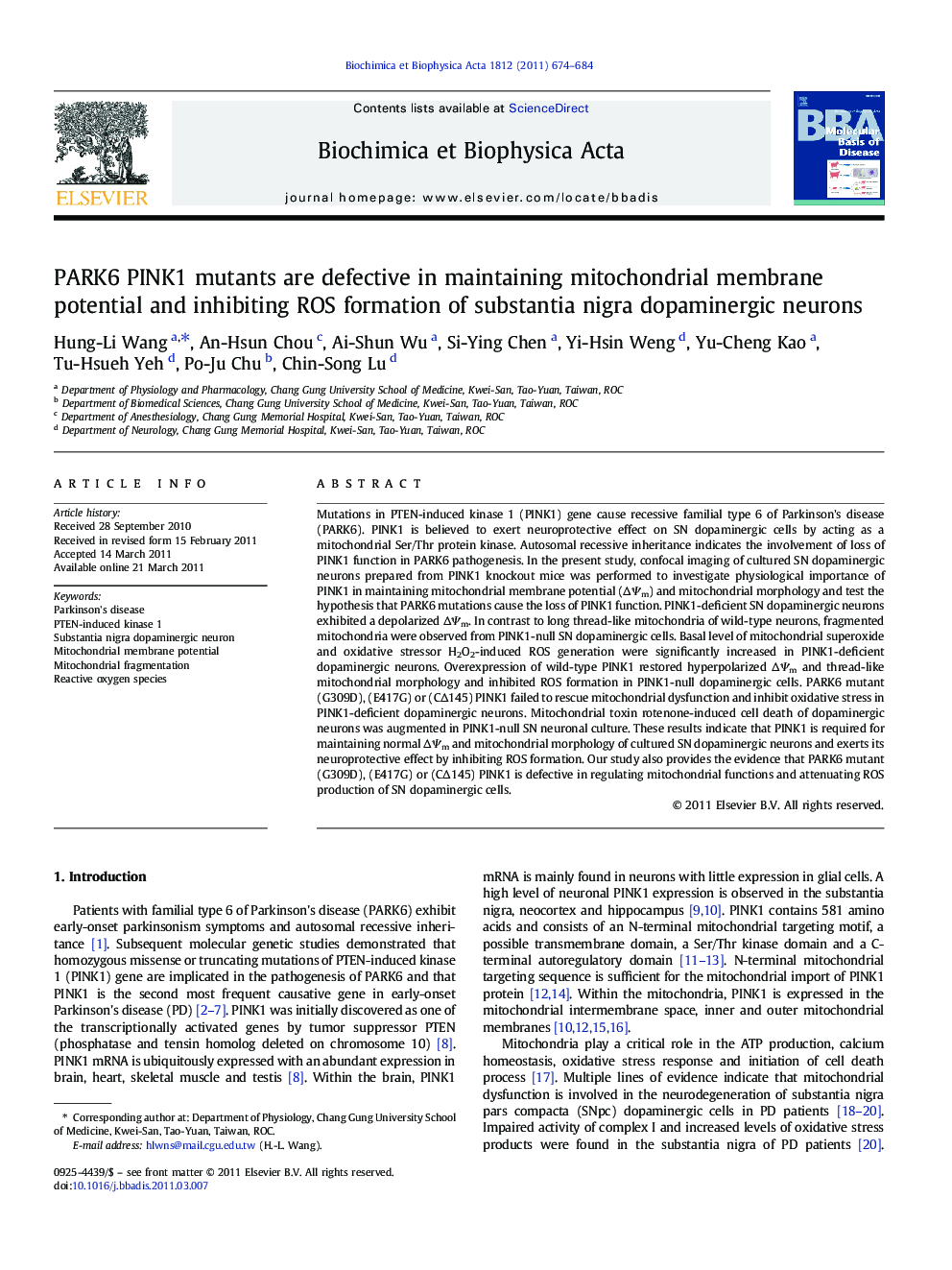 PARK6 PINK1 mutants are defective in maintaining mitochondrial membrane potential and inhibiting ROS formation of substantia nigra dopaminergic neurons