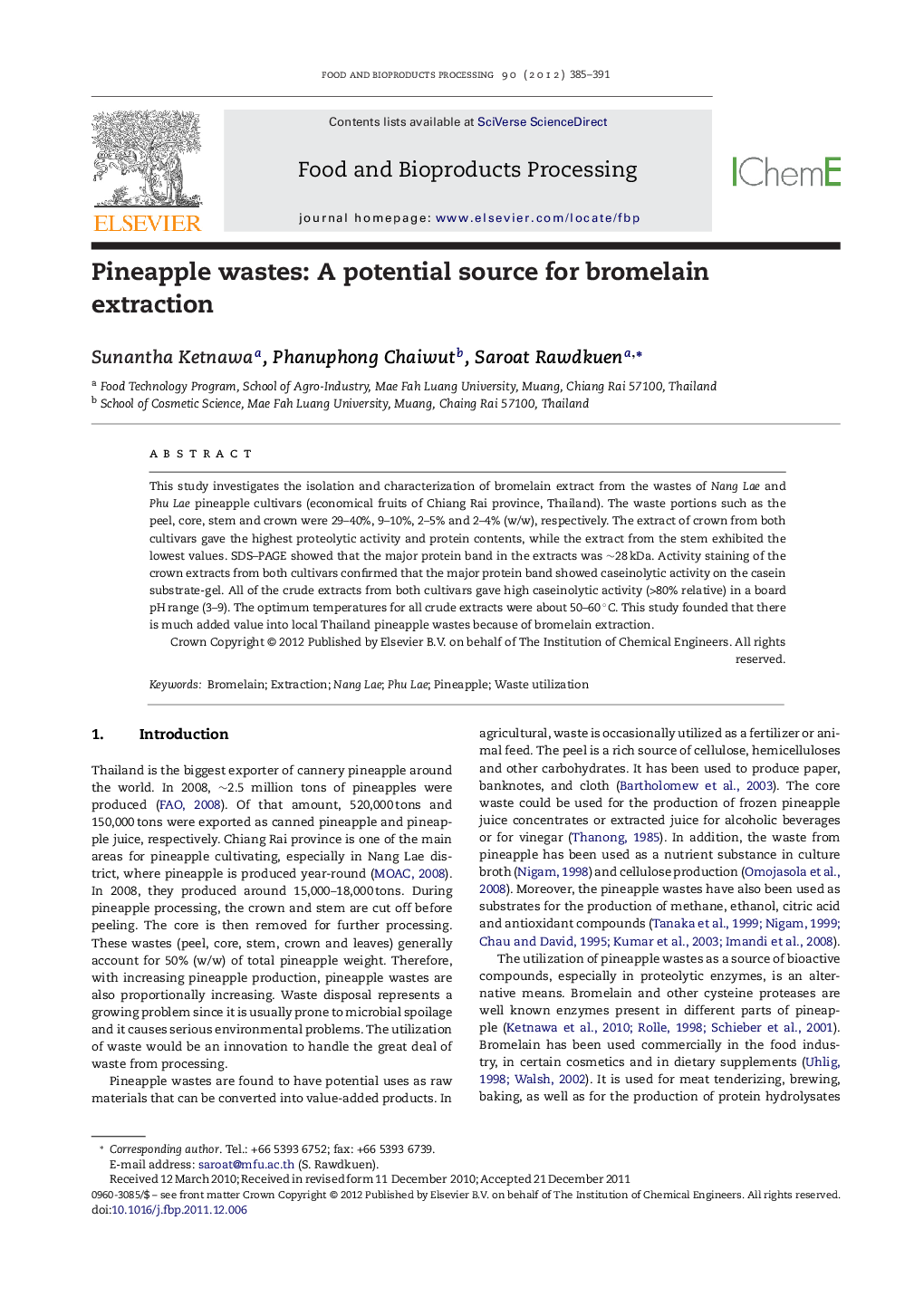 Pineapple wastes: A potential source for bromelain extraction