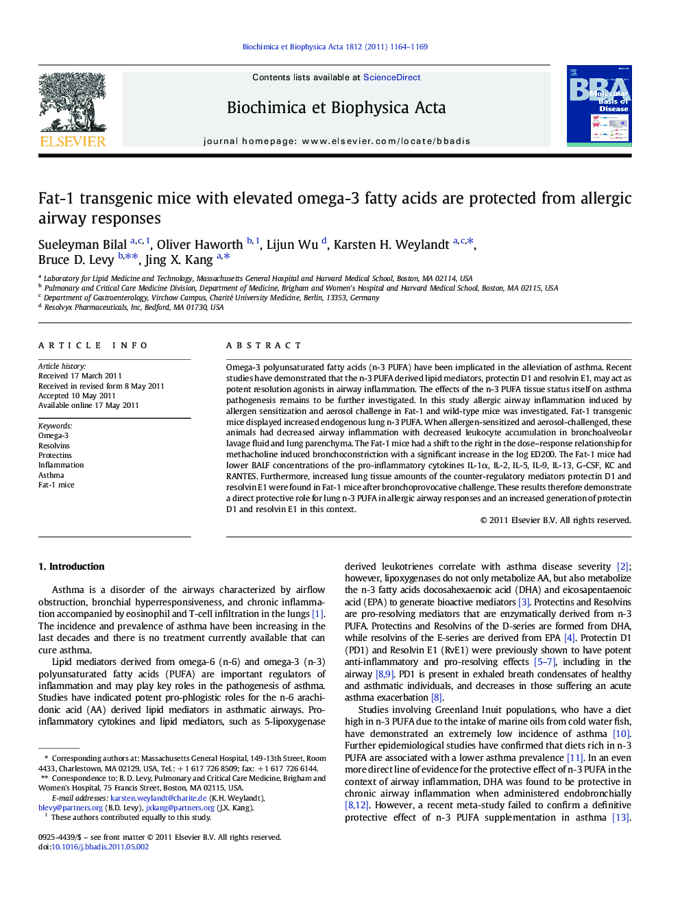 Fat-1 transgenic mice with elevated omega-3 fatty acids are protected from allergic airway responses