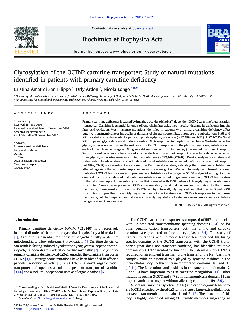 Glycosylation of the OCTN2 carnitine transporter: Study of natural mutations identified in patients with primary carnitine deficiency