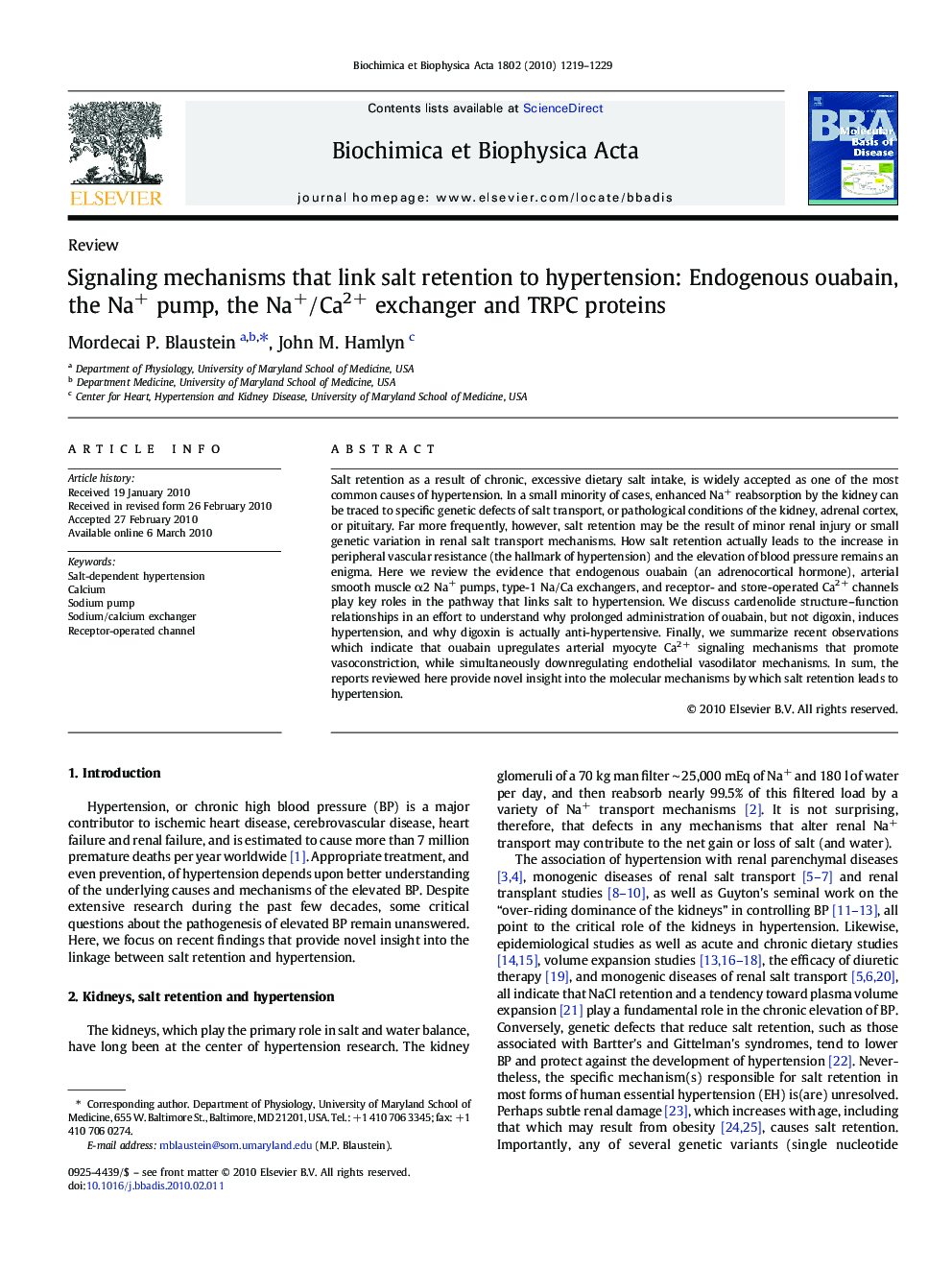 Signaling mechanisms that link salt retention to hypertension: Endogenous ouabain, the Na+ pump, the Na+/Ca2+ exchanger and TRPC proteins