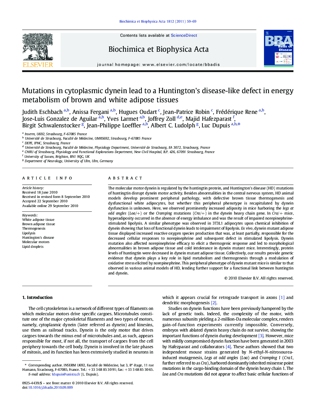 Mutations in cytoplasmic dynein lead to a Huntington's disease-like defect in energy metabolism of brown and white adipose tissues