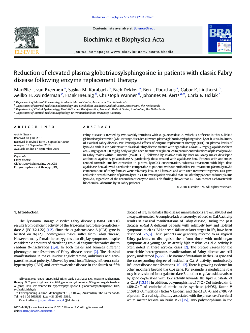 Reduction of elevated plasma globotriaosylsphingosine in patients with classic Fabry disease following enzyme replacement therapy