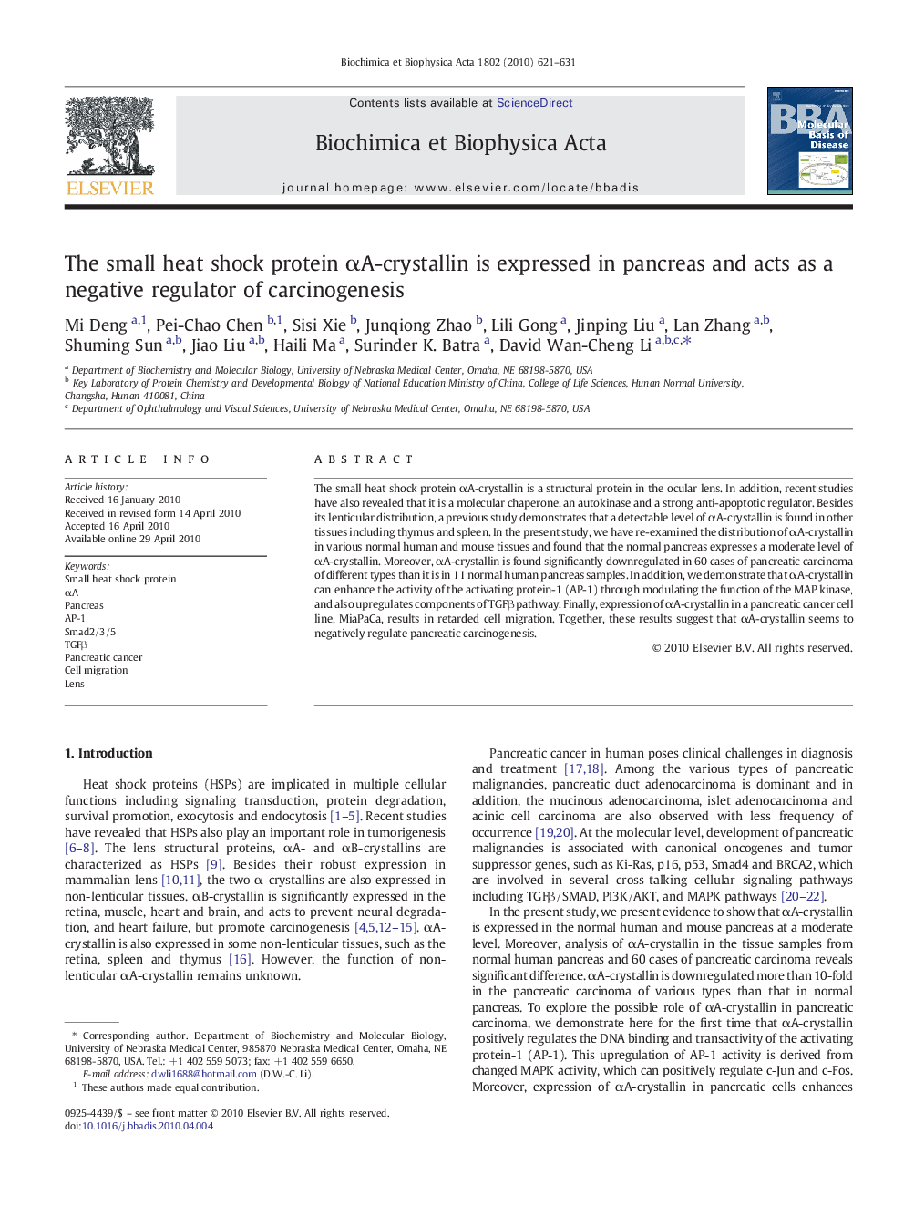 The small heat shock protein αA-crystallin is expressed in pancreas and acts as a negative regulator of carcinogenesis