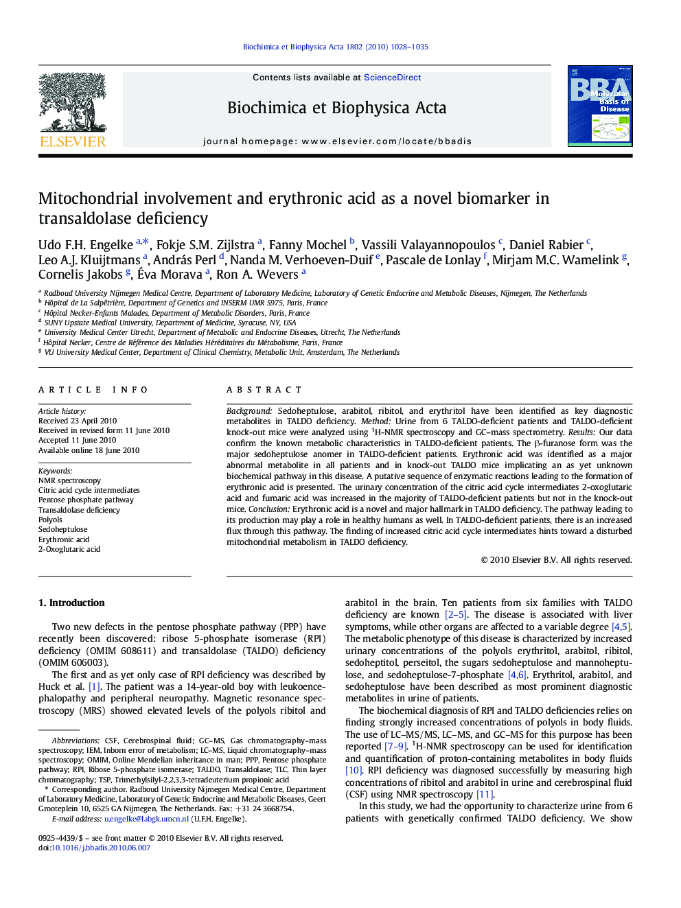 Mitochondrial involvement and erythronic acid as a novel biomarker in transaldolase deficiency