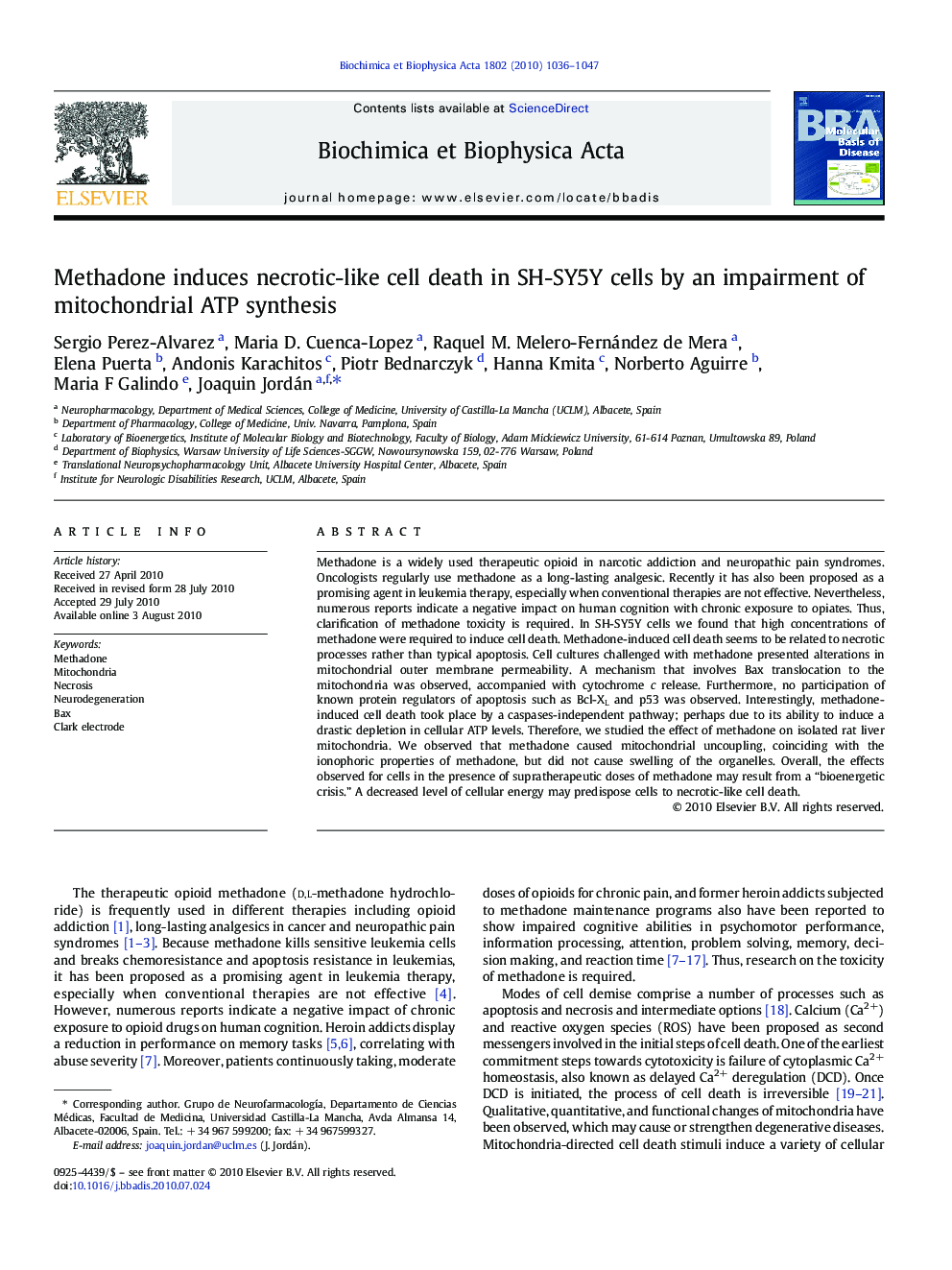 Methadone induces necrotic-like cell death in SH-SY5Y cells by an impairment of mitochondrial ATP synthesis