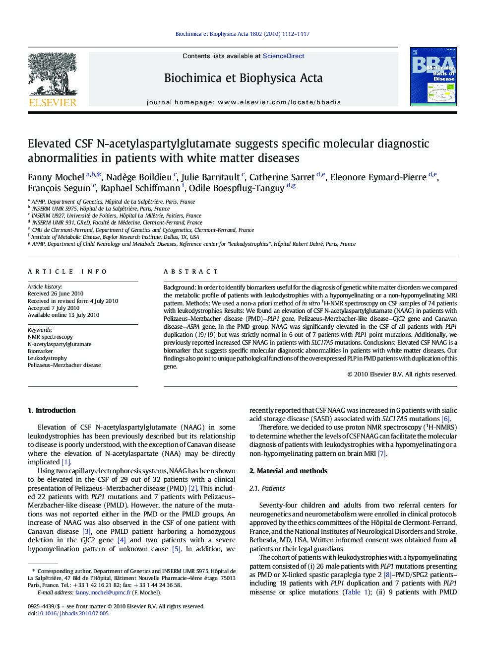 Elevated CSF N-acetylaspartylglutamate suggests specific molecular diagnostic abnormalities in patients with white matter diseases