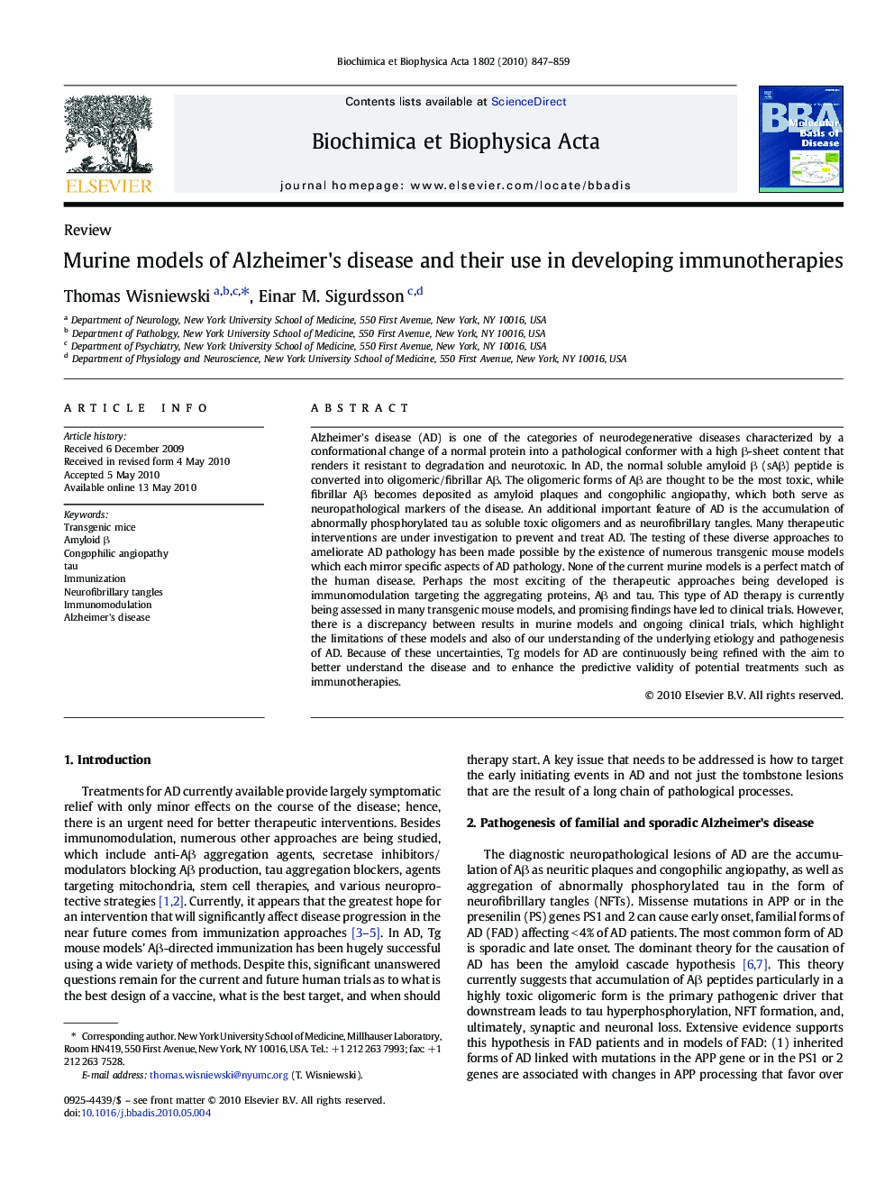 Murine models of Alzheimer's disease and their use in developing immunotherapies