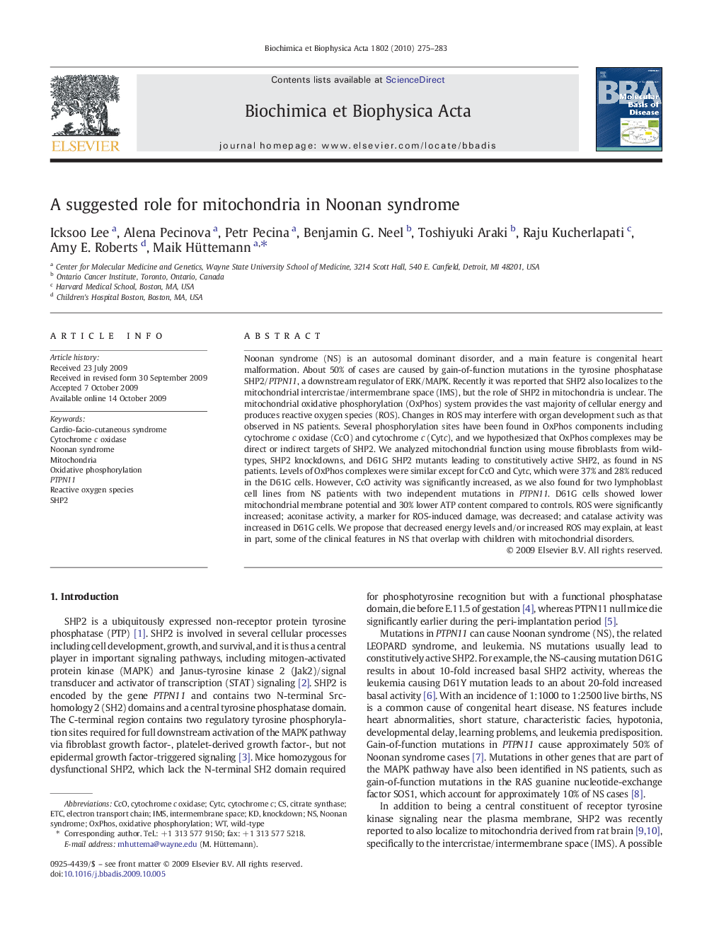 A suggested role for mitochondria in Noonan syndrome