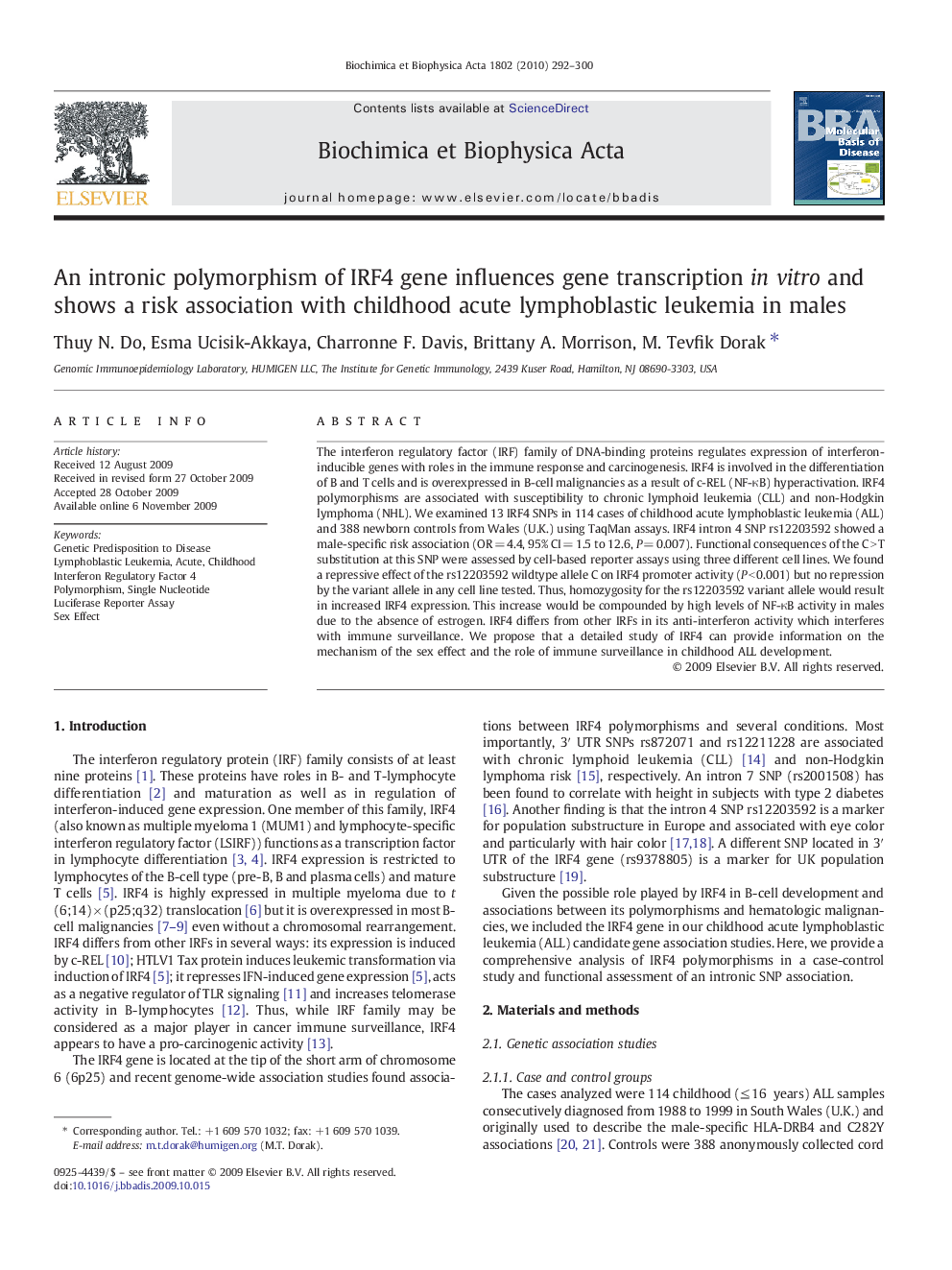 An intronic polymorphism of IRF4 gene influences gene transcription in vitro and shows a risk association with childhood acute lymphoblastic leukemia in males