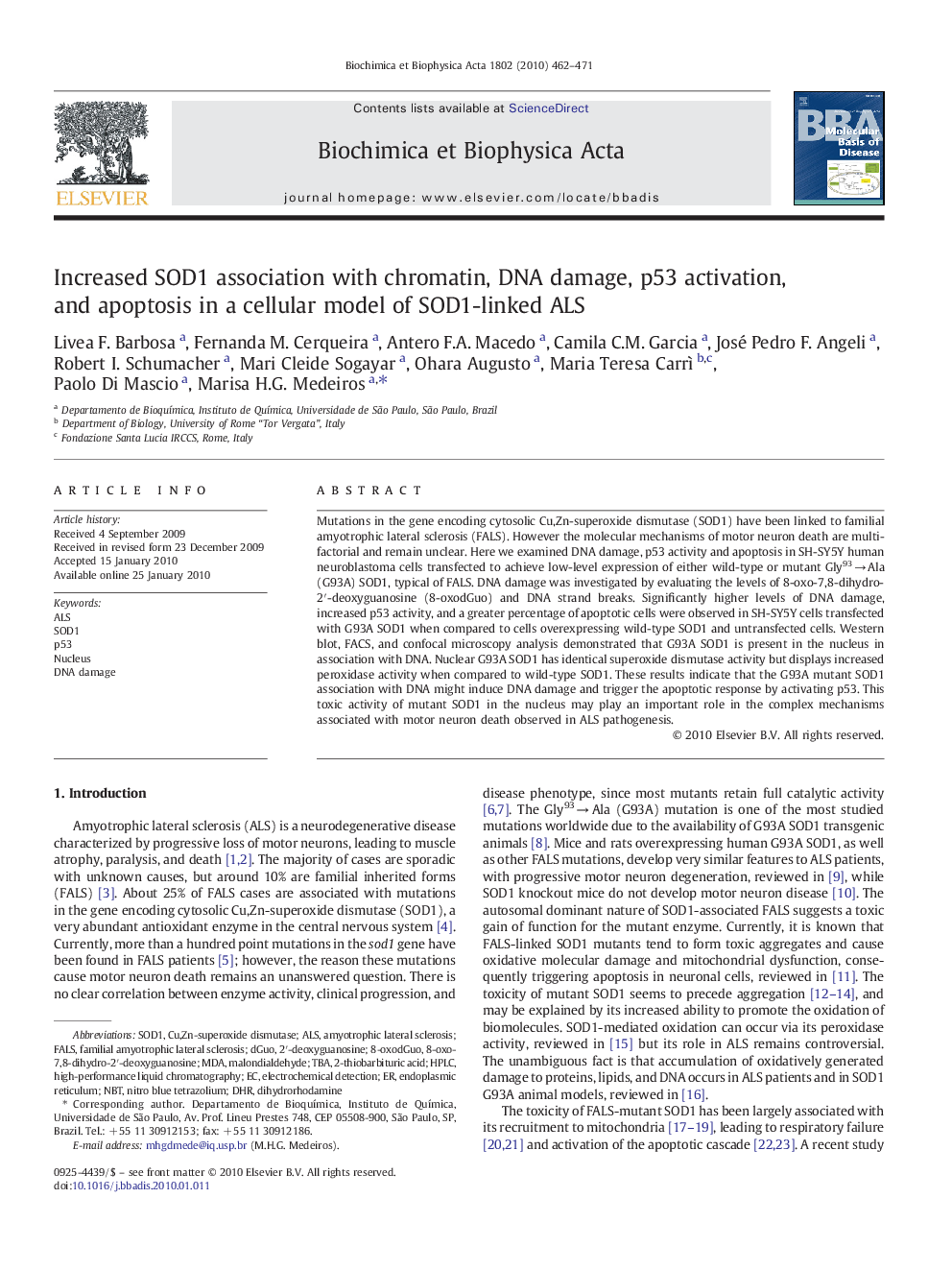 Increased SOD1 association with chromatin, DNA damage, p53 activation, and apoptosis in a cellular model of SOD1-linked ALS