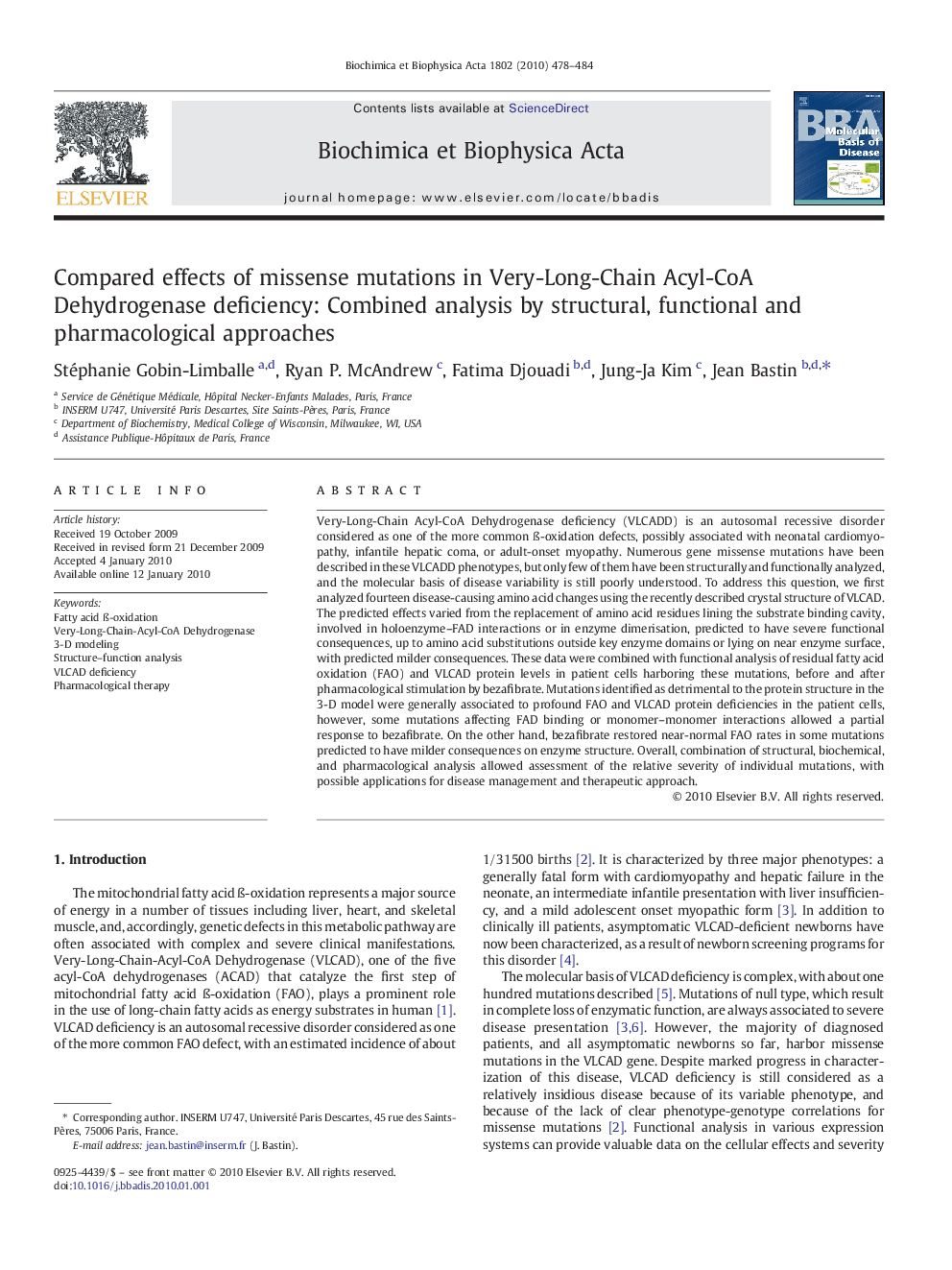 Compared effects of missense mutations in Very-Long-Chain Acyl-CoA Dehydrogenase deficiency: Combined analysis by structural, functional and pharmacological approaches