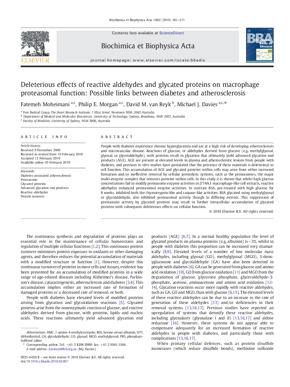 Deleterious effects of reactive aldehydes and glycated proteins on macrophage proteasomal function: Possible links between diabetes and atherosclerosis