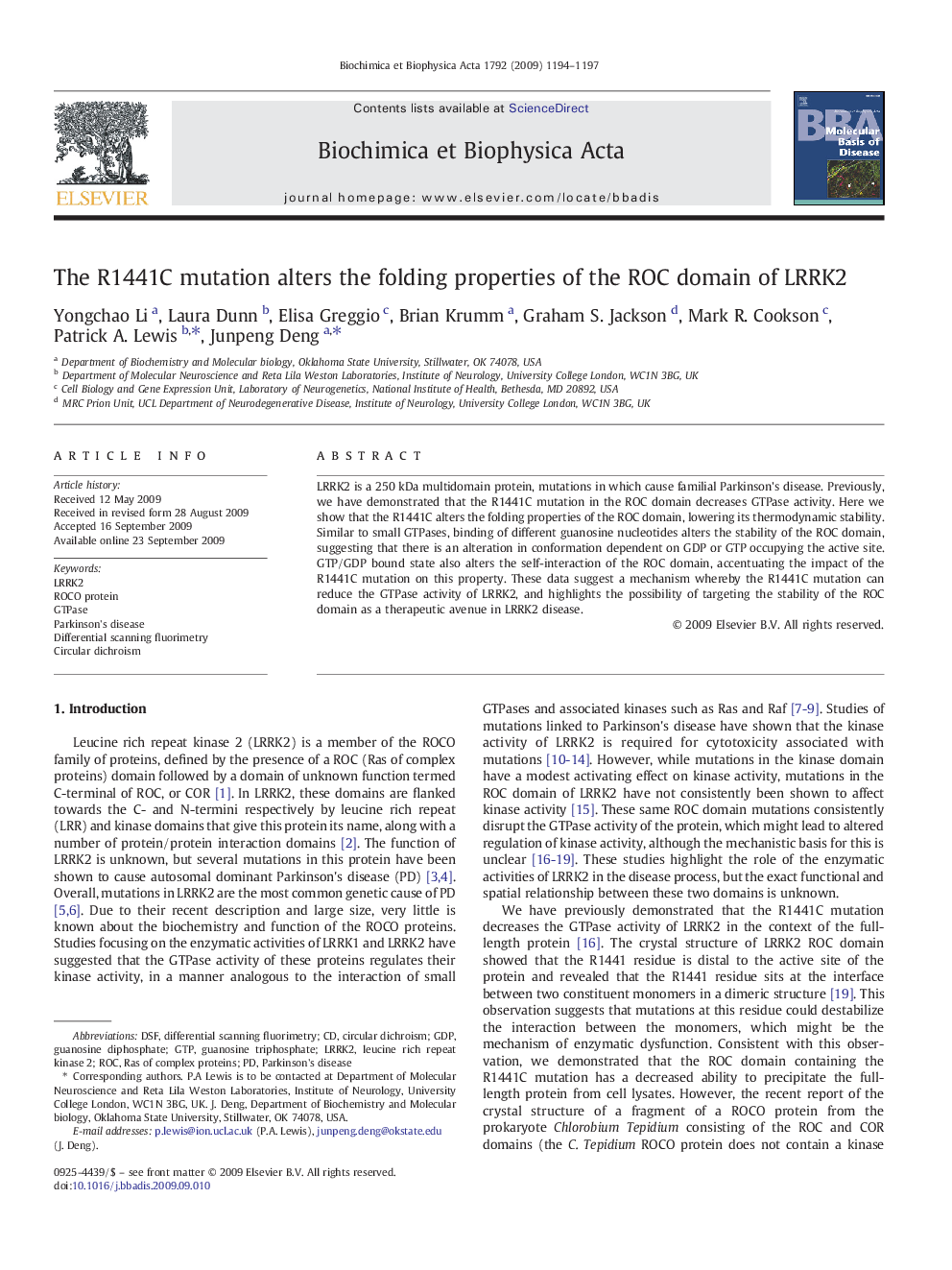 The R1441C mutation alters the folding properties of the ROC domain of LRRK2