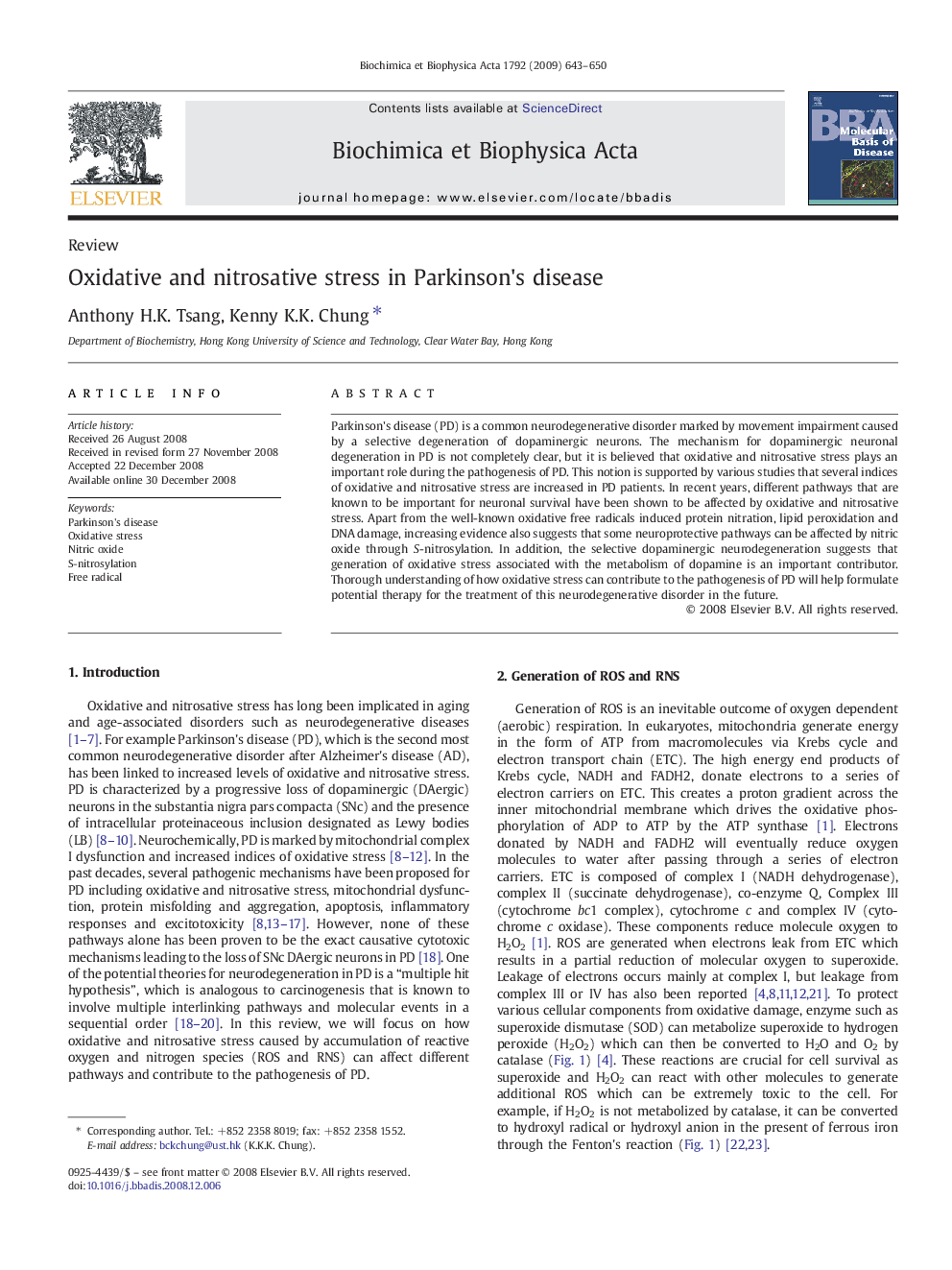 Oxidative and nitrosative stress in Parkinson's disease