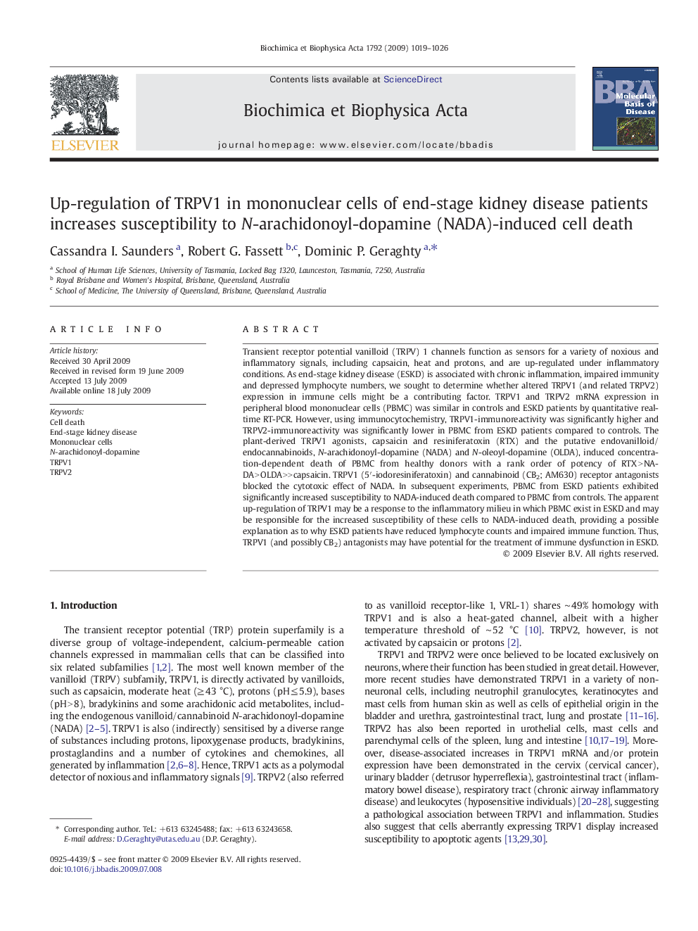 Up-regulation of TRPV1 in mononuclear cells of end-stage kidney disease patients increases susceptibility to N-arachidonoyl-dopamine (NADA)-induced cell death